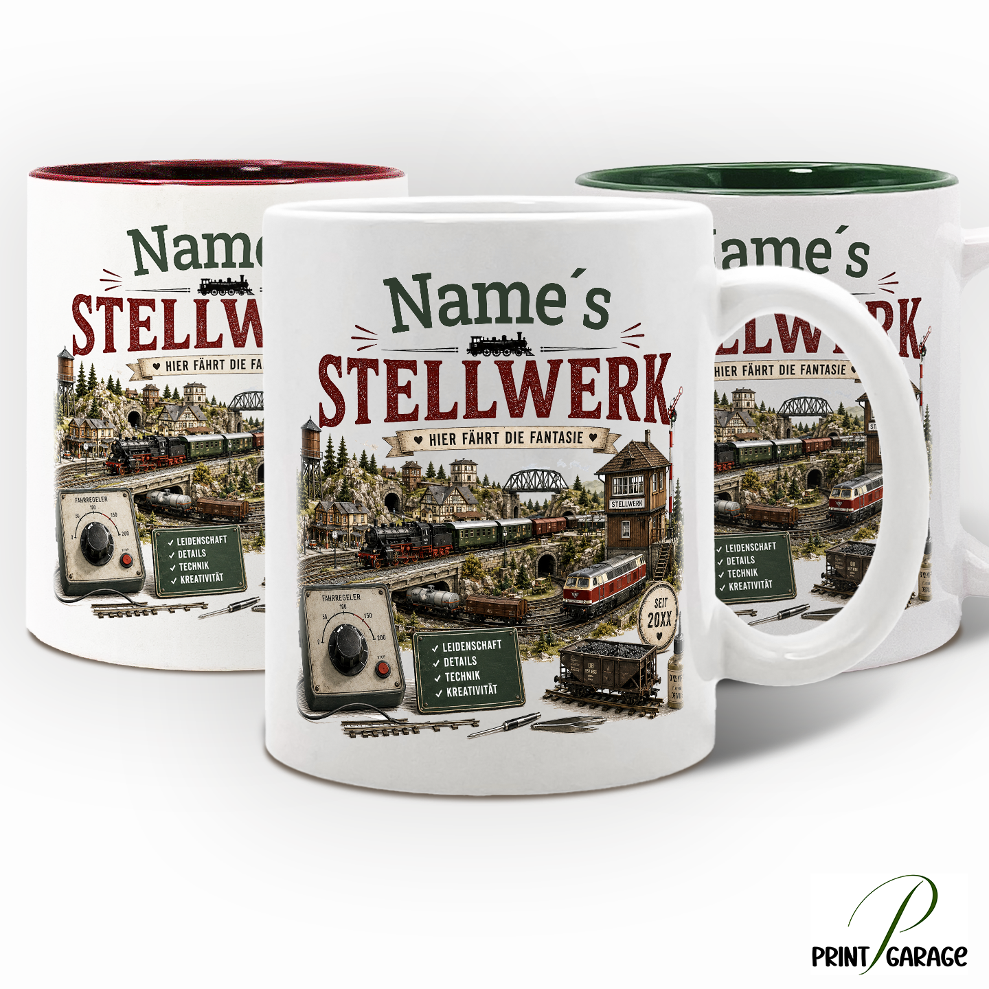 Personalisierte Modelleisenbahn Tasse mit Namen in vier Tassenfarben, Motiv „[NAME]s Stellwerk“ für Modellbahn-Fans