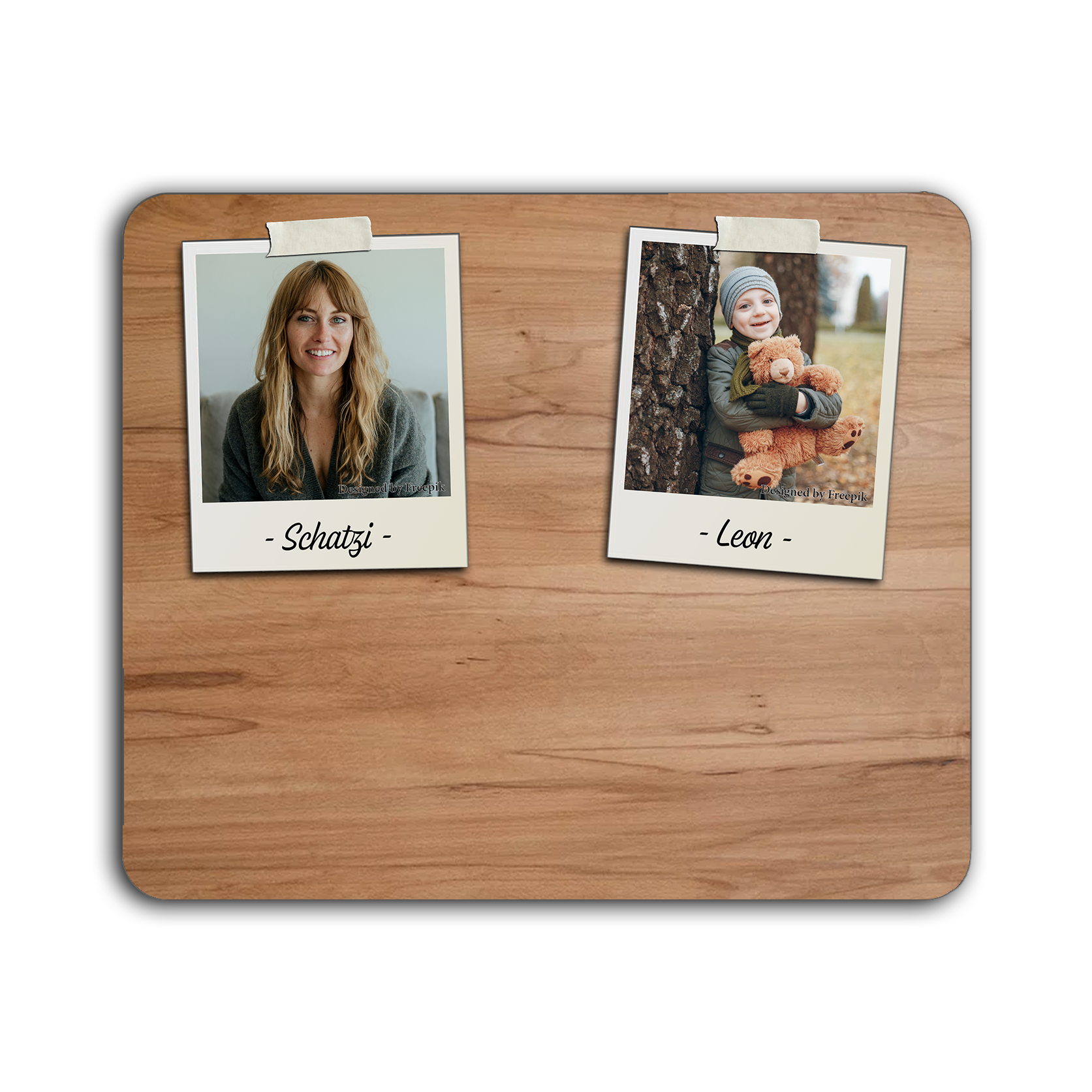 selbst gestaltetes Mousepad mit Holzmaserung und zwei eigenen Polaroidfotos, unter den Fotos der jeweilige Name