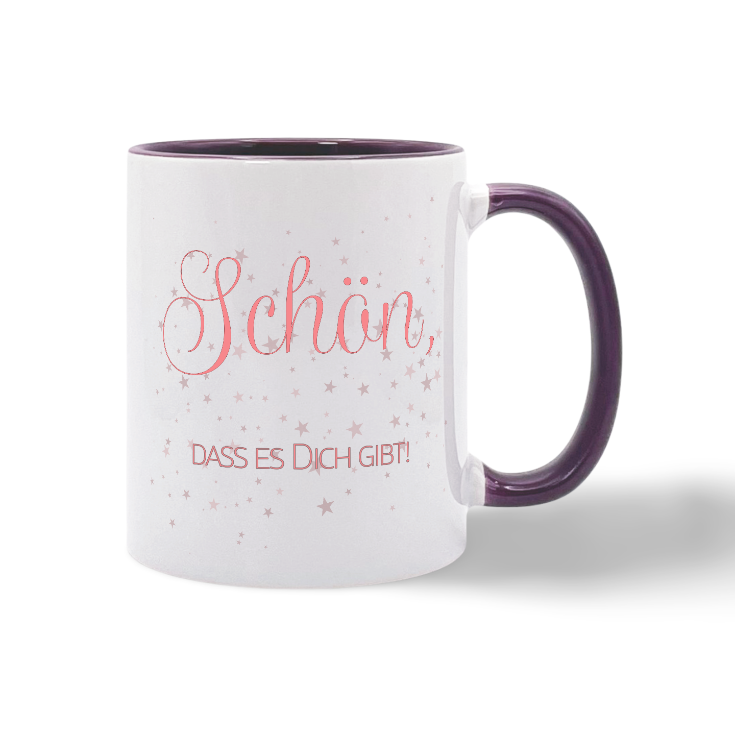 Weiße Tasse mit dunkelviolettem Henkel und Innenseite sowie dem Schriftzug 'Schön, DASS ES DICH GIBT!' umgeben von kleinen Sternen