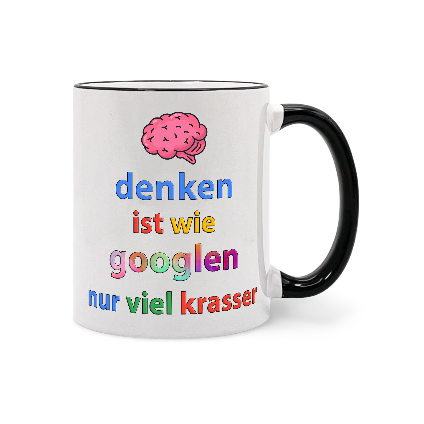 Weiße Tasse mit schwarzem Henkel und mehrfarbigem Text sowie einer rosa Gehirn-Illustration