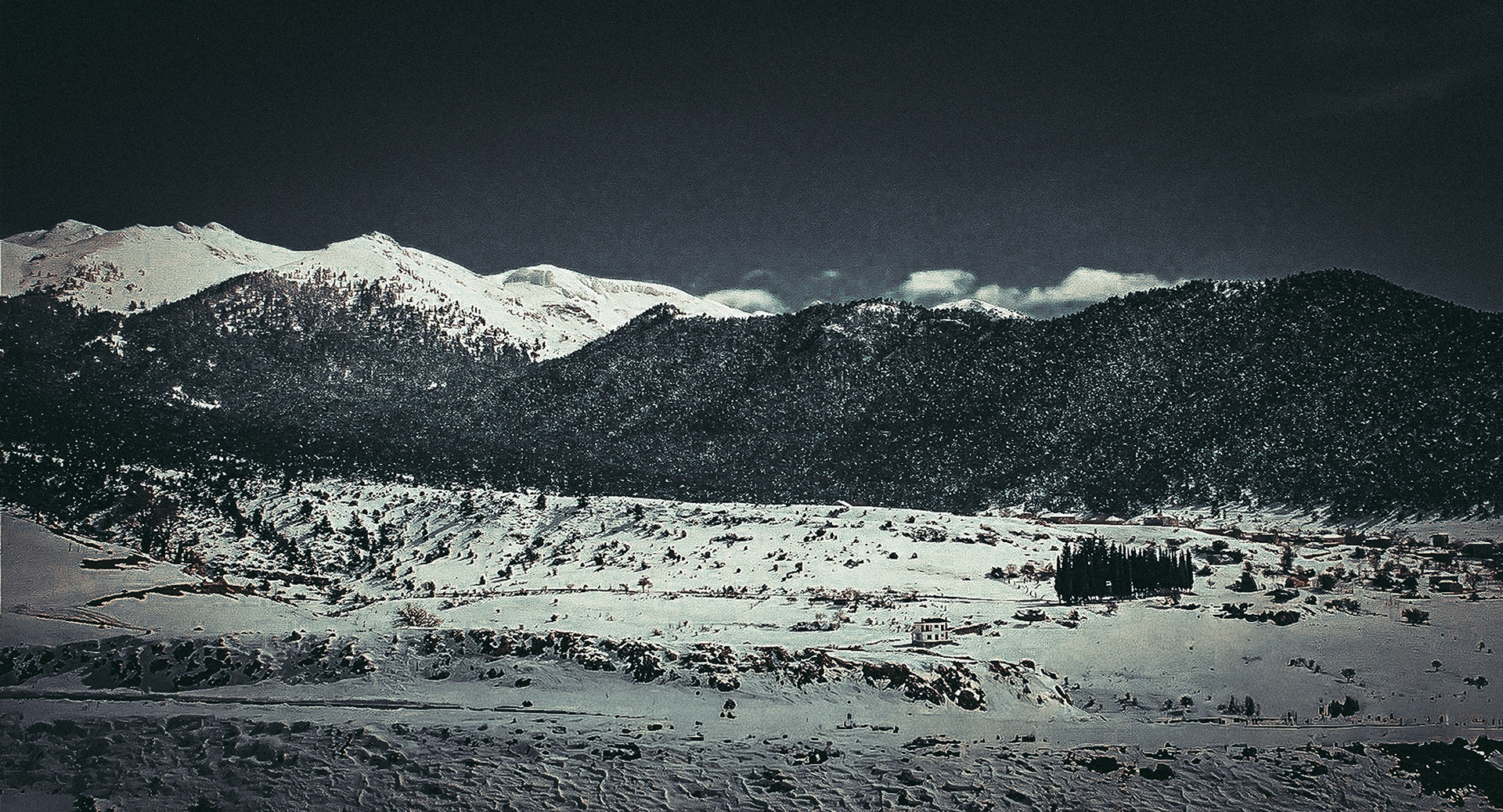 A high-contrast, black and white 35mm film photograph of the snowy Kalavrita mountains in 2009, featuring a raw, grainy texture and dramatic mountain ridges.