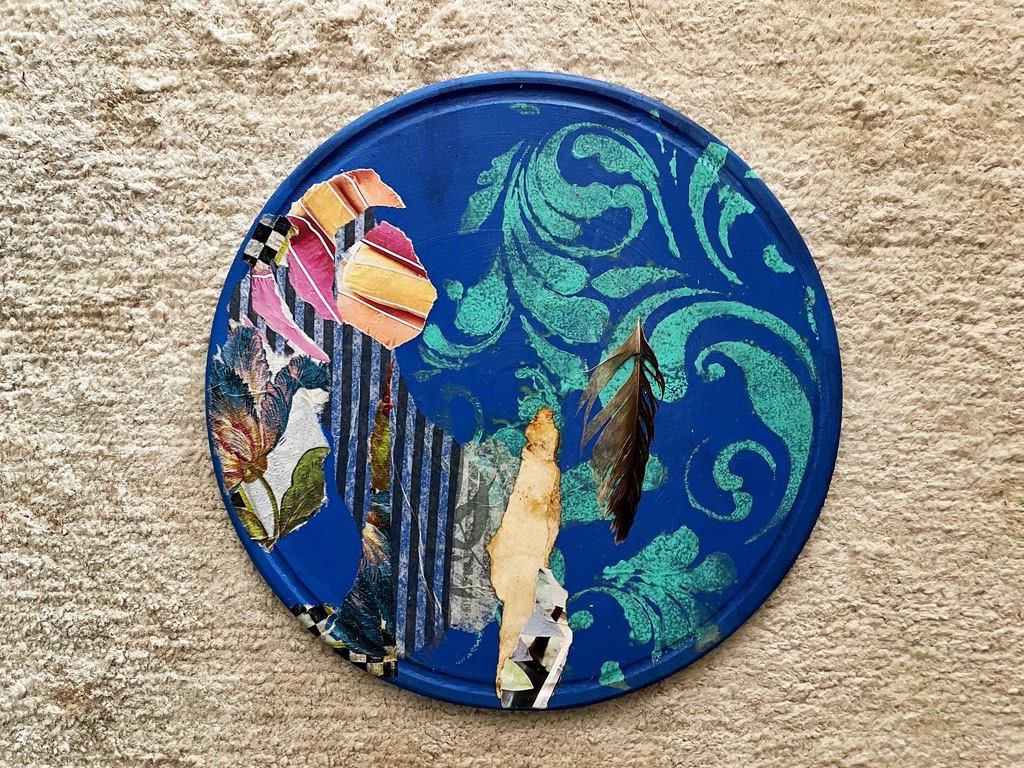 20cm diameter, mixed media on wood panel