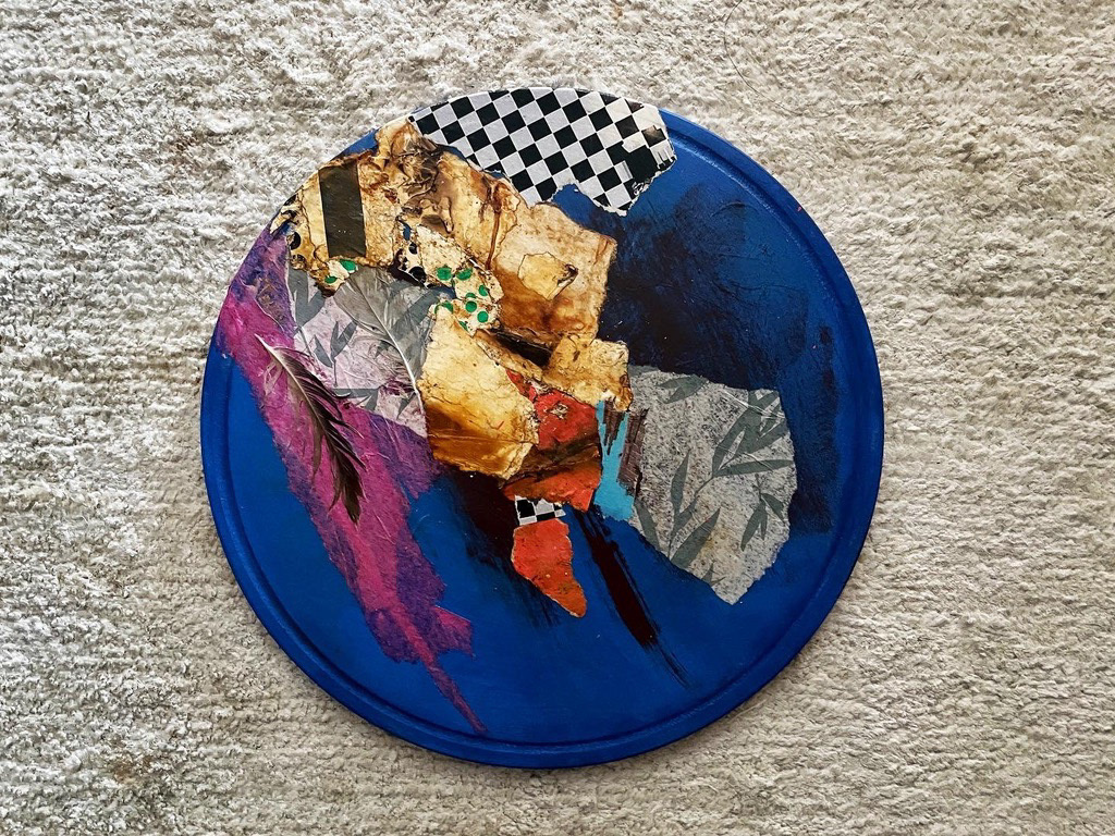 20cm diameter, mixed media on wood panel