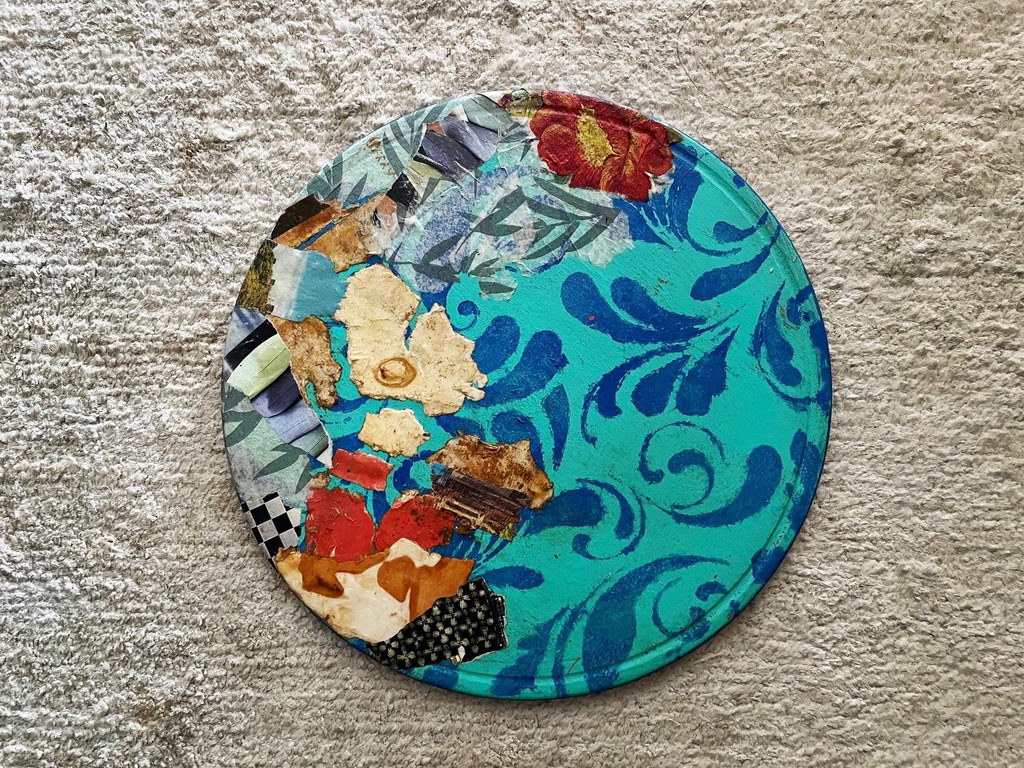 20cm diameter, mixed media on wood panel