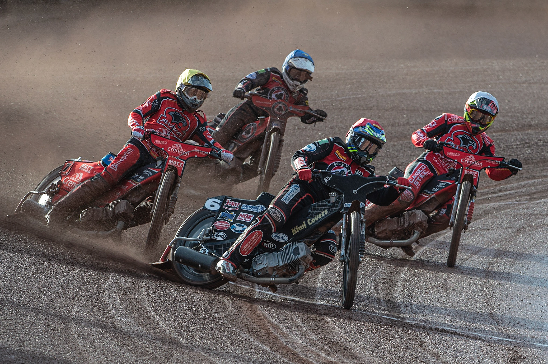 Photo by Ian Charles:

Belle Vue Aces’ Ricky Wells (Red) leads Peterborough Panthers’ Aaron Summers  (White) and Bradley Wilson-Dean  (Yellow) with Jaimon Lidsey  (Blue) behind 


Belle Vue Aces v Peterborough Panthers, British Speedway Premiership, National Speedway Stadium, Manchester, Thursday, 13, June, 2019