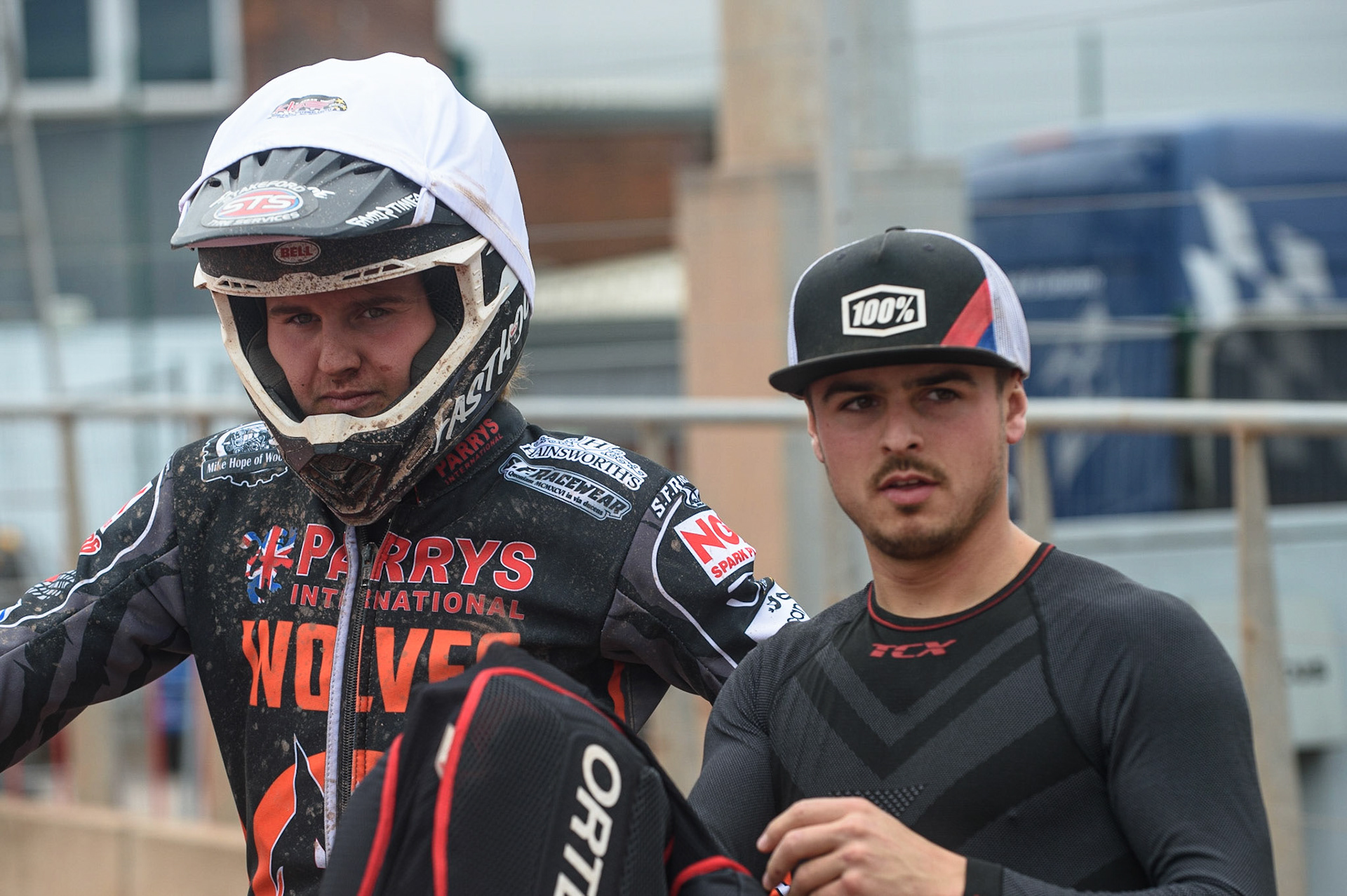 MANCHESTER, UK. AUGUST 30TH Leon Flint  (left) with Luke Becker  during the SGB Premiership match between Belle Vue Aces and Wolverhampton Wolves at the National Speedway Stadium, Manchester on Monday 30th August 2021. (Credit: Ian Charles | MI News)