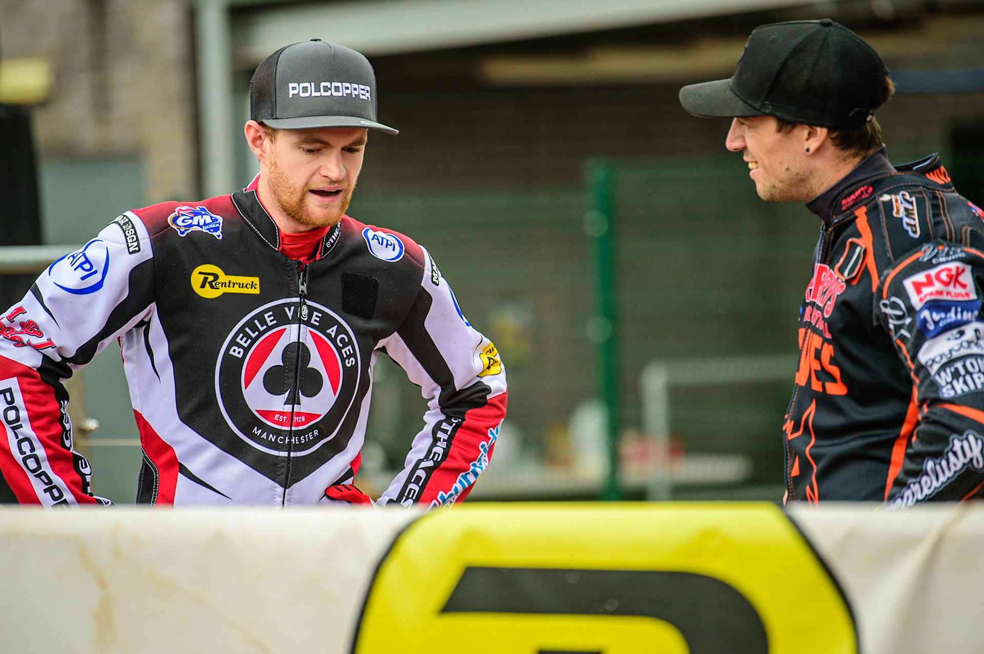 Belle Vue ATPI Aces team captain Brady Kurtz  chats with his opposite number Sam Masters of Parry's International Wolves during the SGB Premiership match between Belle Vue Aces and Wolverhampton Wolves at the National Speedway Stadium, Manchester on Monday 29th August 2022. (Credit: Ian Charles | MI News)