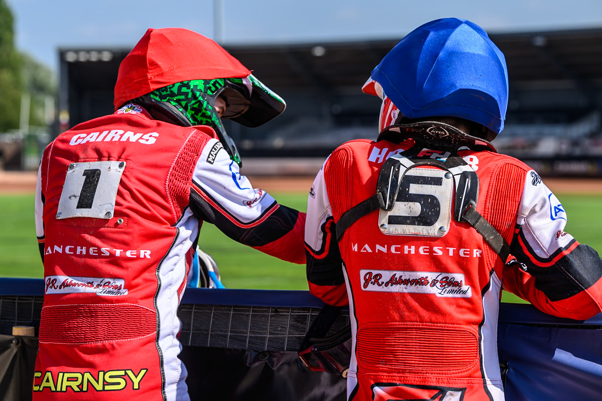 William Cairns of Belle Vue Colts  (Left) and Freddy Hodder of Belle Vue Colts  watch the track prepduring the WSRA National Development League match between Belle Vue Colts and Middlesbrough Tigers at the National Speedway Stadium, Manchester on Sunday 10th August 2025. (Photo: Mark Fletcher | MI News)