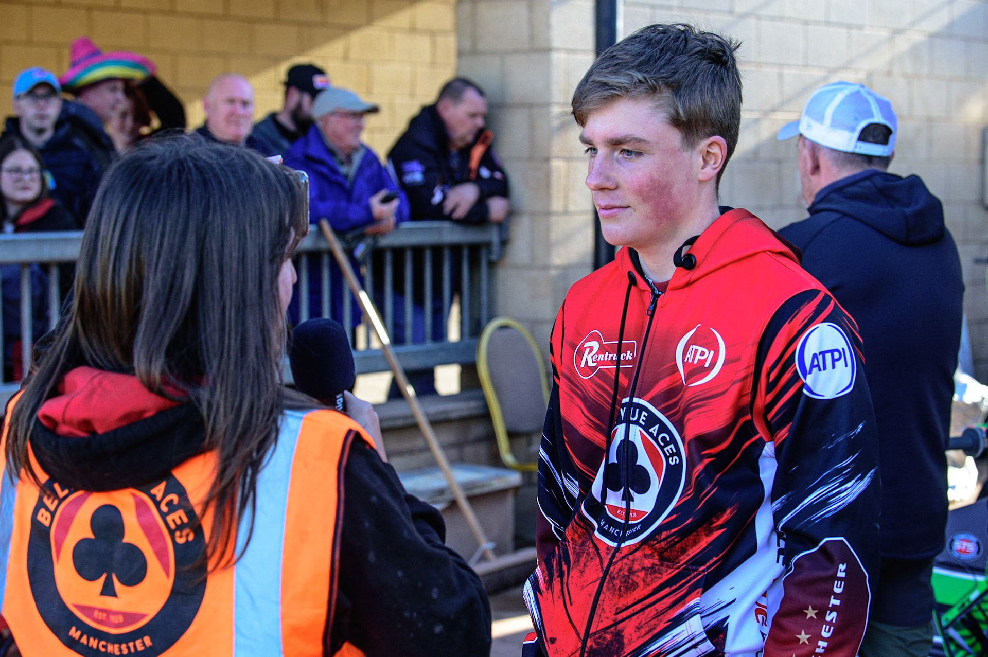SHEFFIELD, UK. MAY 26TH  Norick Blödorn (right) is interviewed by Hayley Bromley during the SGB Premiership match between Sheffield Tigers and Belle Vue Aces at Owlerton Stadium, Sheffield on Thursday 26th May 2022. (Credit: Ian Charles | MI News)