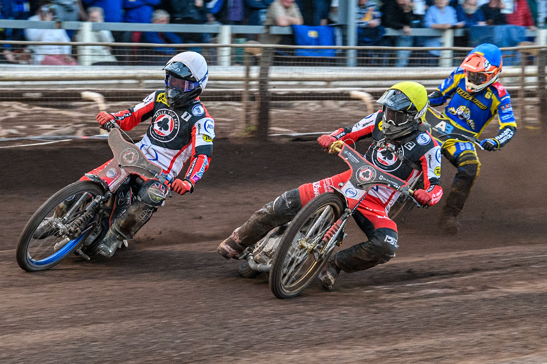 Belle Vue Aces' Brady Kurtz  in White and Belle Vue Aces' Norick Blodorn  in Yellow leading Sheffield Tigers' Jason Edwards  in Blue during the Premiership KO Cup Quarter Final, 2nd Leg match between Sheffield Tigers and Belle Vue Aces at Owlerton Stadium, Sheffield on Thursday 9th May 2024. (Photo: Ian Charles | MI News)