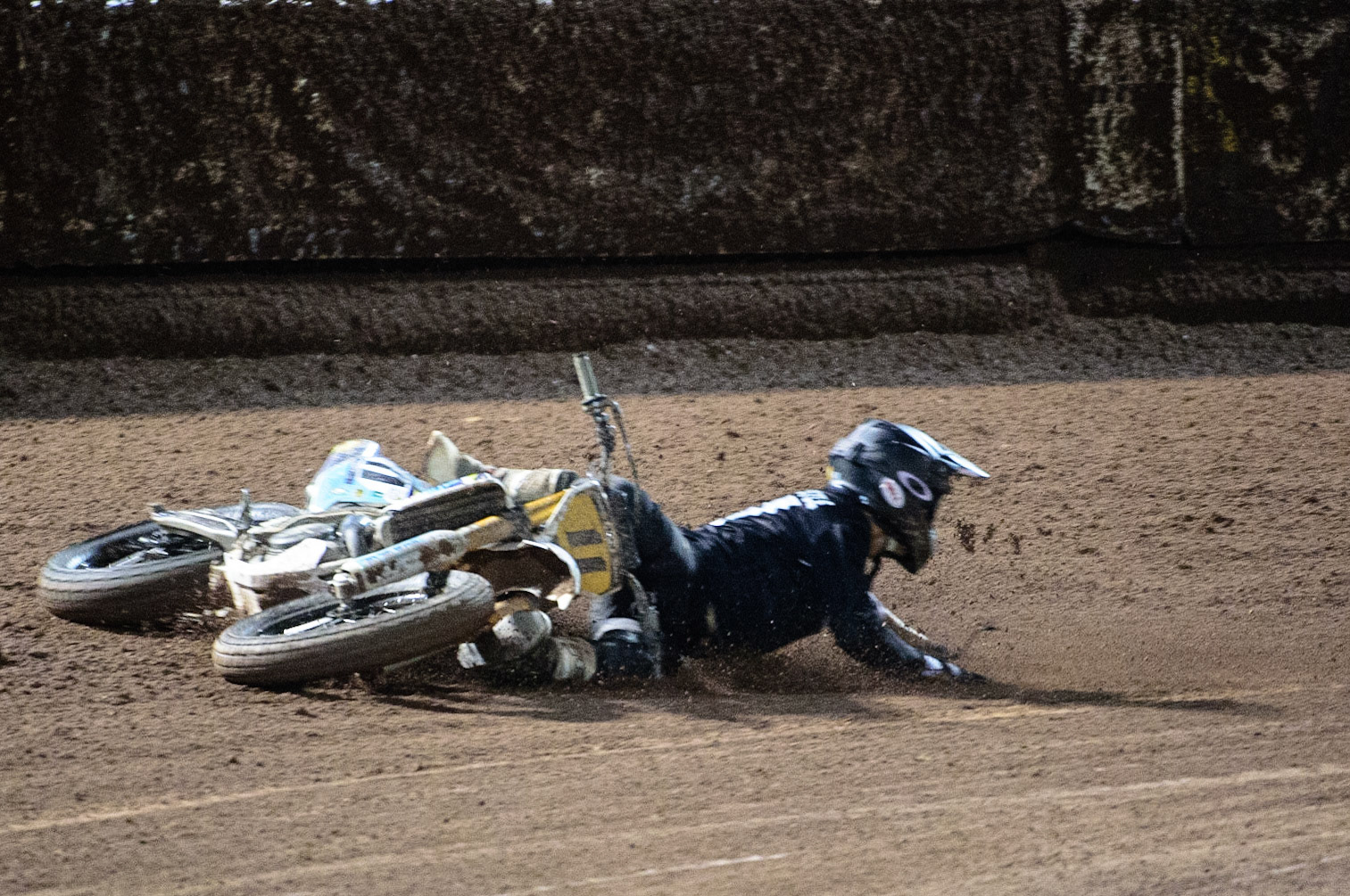 MANCHESTER, UK. OCT 30TH   Gary Birtwistle (11) falls during the Manchester Masters Sidecar Speedway and Flat Track Racing at the National Speedway Stadium, Manchester on Saturday 30th October 2021. (Credit: Ian Charles | MI News)