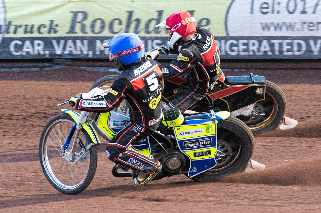 Photo: Ian Charles

Kenneth Bjerre  (Blue) inside \team mate Max Fricke (Red)

Belle Vue Aces v Ipswich Witches, British Speedway Premiership, Belle Vue National Speedway Stadium, Manchester, Monday 3  June  2019