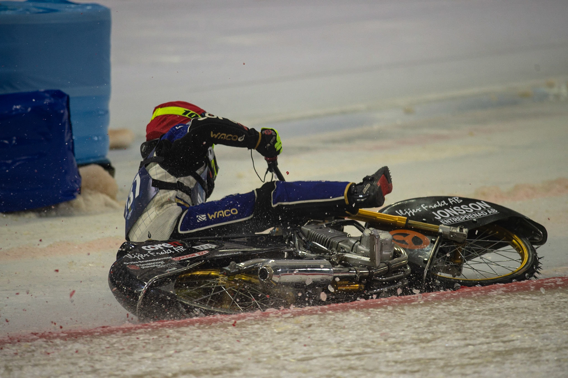 Jimmy Hörrnell (237)  crashes in heat 7 HEERENVEEN, NL. during the FIM Ice Speedway Gladiators World Championship Final 3 at Ice Rink Thialf, Heerenveen on Saturday  2 April 2022. (Credit: Ian Charles | MI News)