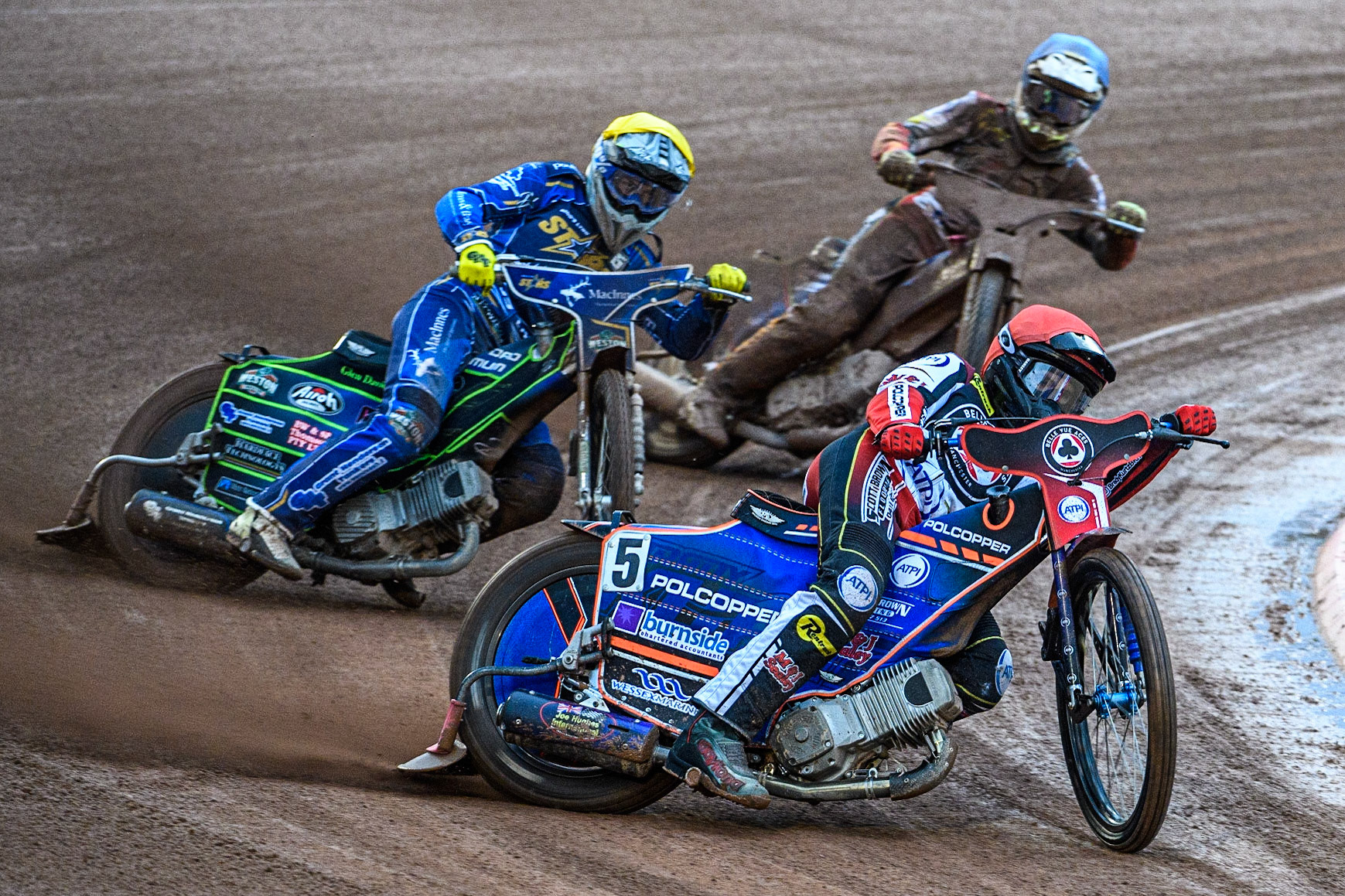 Brady Kurtz (Red) leads Kye Thomson (Yellow) and Jake Mulford (Blue) during the Sports Insure Premiership match between Belle Vue Aces and King's Lynn Stars at the National Speedway Stadium, Manchester on Monday 12th June 2023. (Photo: Ian Charles | MI News)