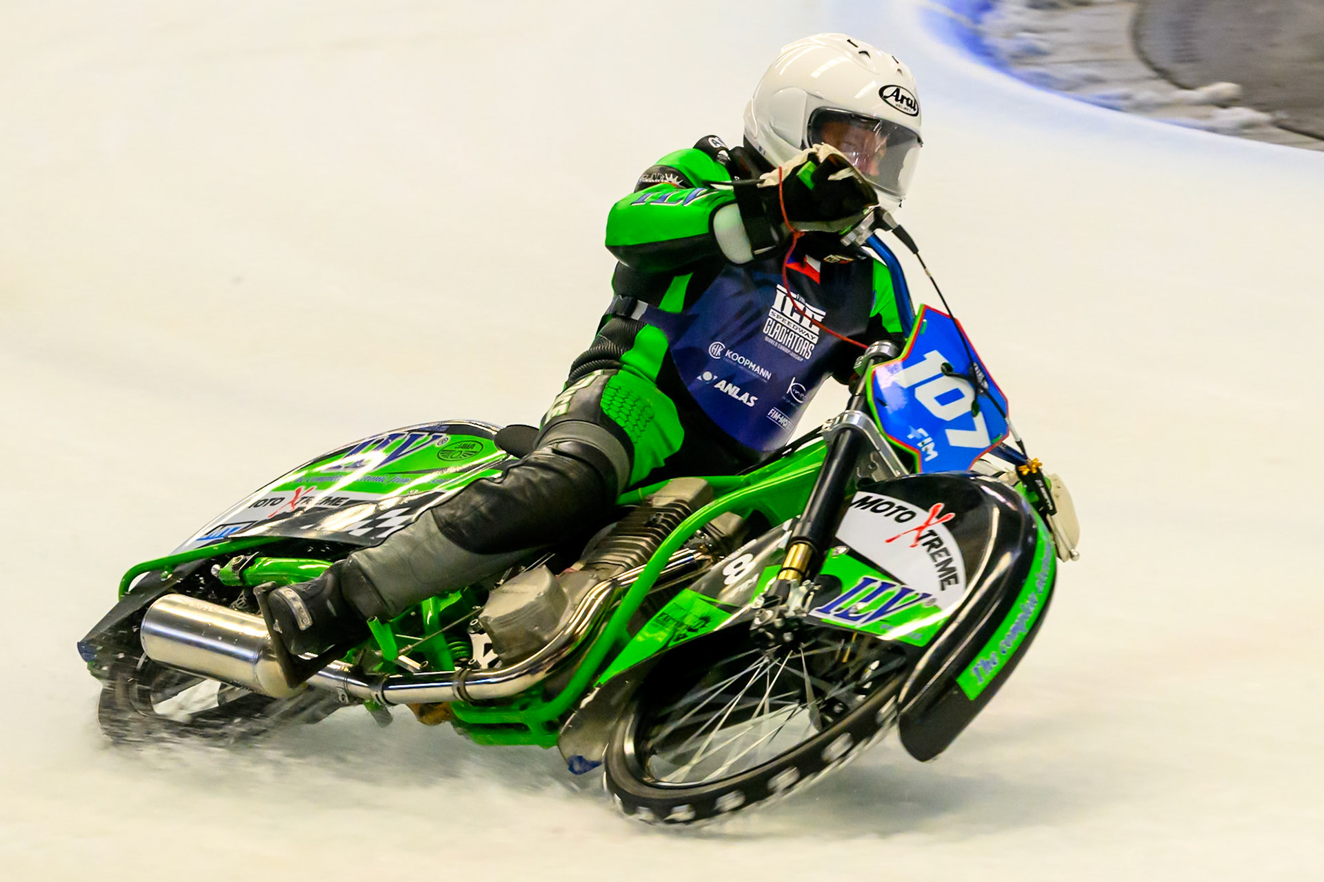 Andrej Divis (107) of Czechia during Practice for the Ice Speedway Gladiators World Championship Finals at Max-Aicher-Arena, Inzell on Friday 13th March 2026. (Photo: Ian Charles | MI News)