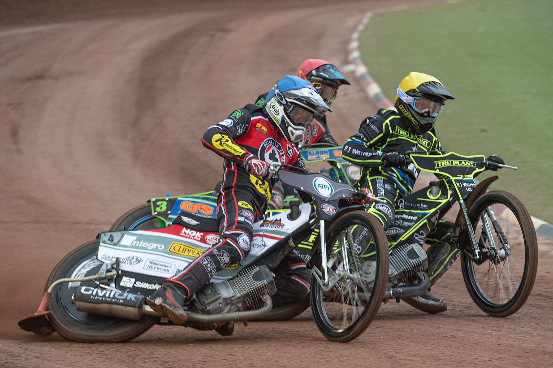 Photo: Ian Charles

Steve Worrall  (Blue) outside Danny King  (Yellow)and Dan Bewley  (Red)

Belle Vue Aces v Ipswich Witches, British Speedway Premiership, Belle Vue National Speedway Stadium, Manchester, Monday 3  June  2019