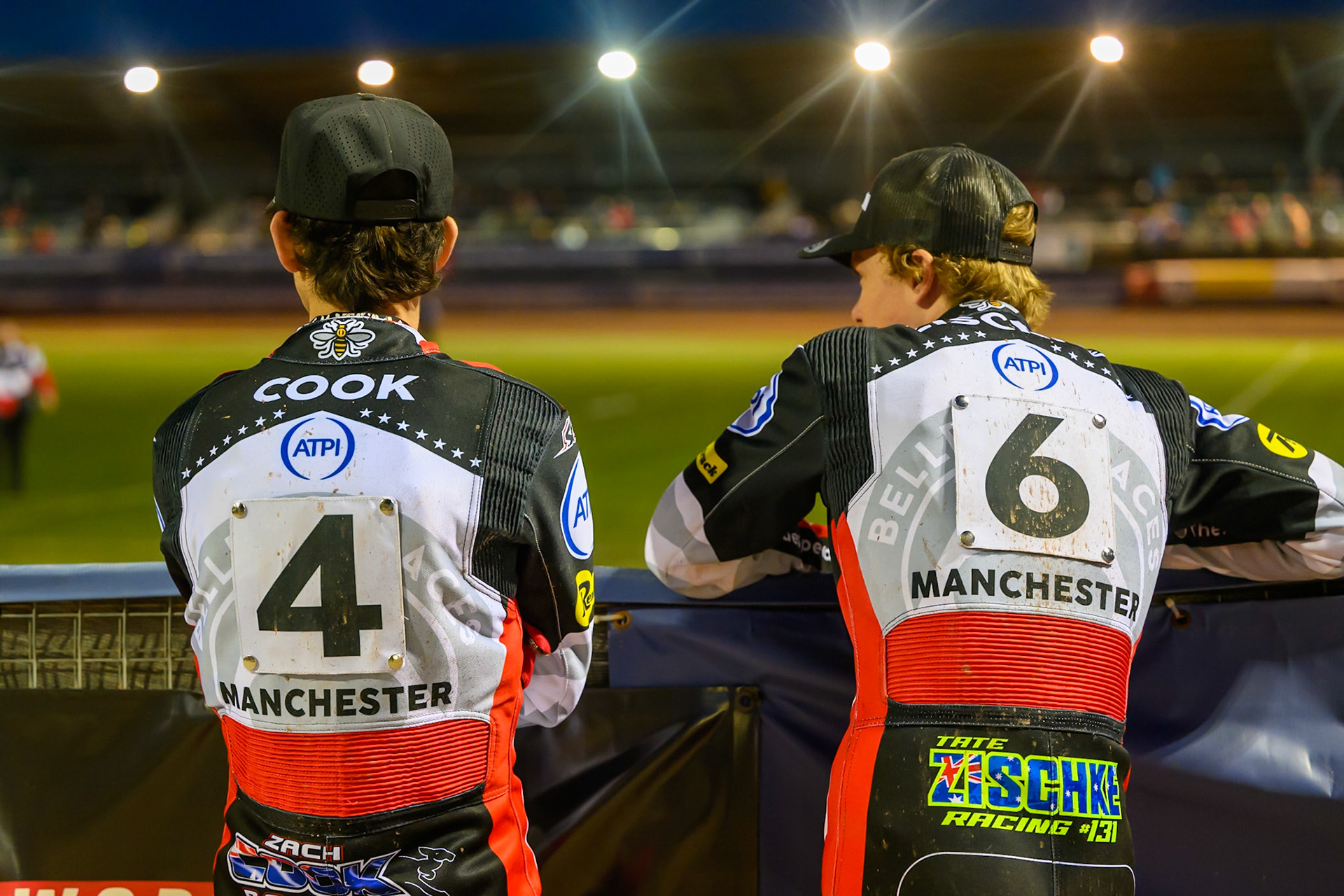 Zach Cook of Belle Vue Aces  (Left) and Tate Zischke of Belle Vue Aces  watch the track prep during the Rowe Motor Oil Premiership match between Belle Vue Aces and Ipswich Witches at the National Speedway Stadium, Manchester on Monday 20th April 2026. (Photo: Ian Charles | MI News)