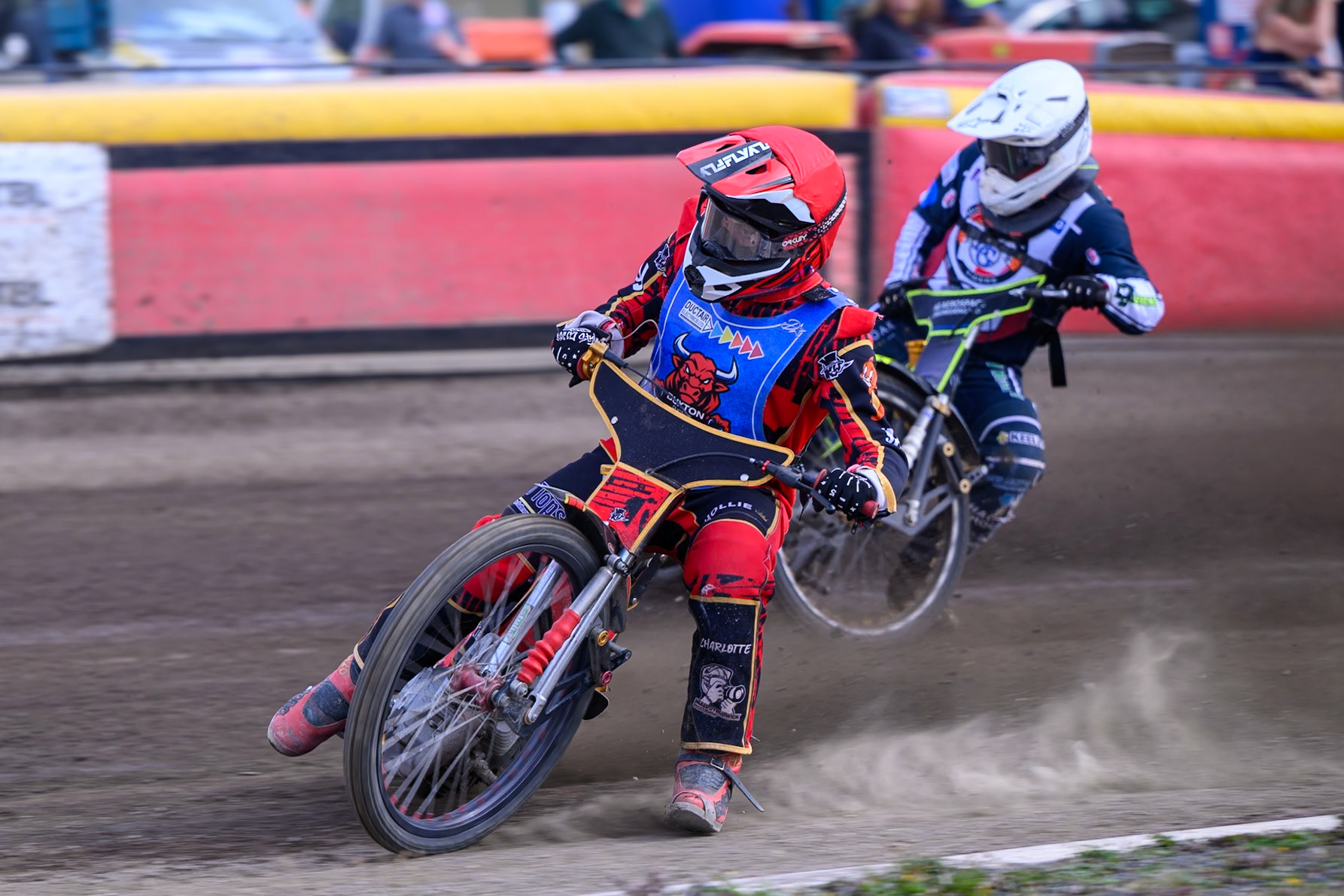 Luke Harris of Buxton Bulls in Red leading Nathan Ablitt of Middlesborough Tigers in White during the WSRA National Development League match  between Buxton Bulls and Middlesborough Tigers at Hi-Edge Speedway, Buxton on Sunday 16th August 2026. (Photo: Ian Charles | MI News)