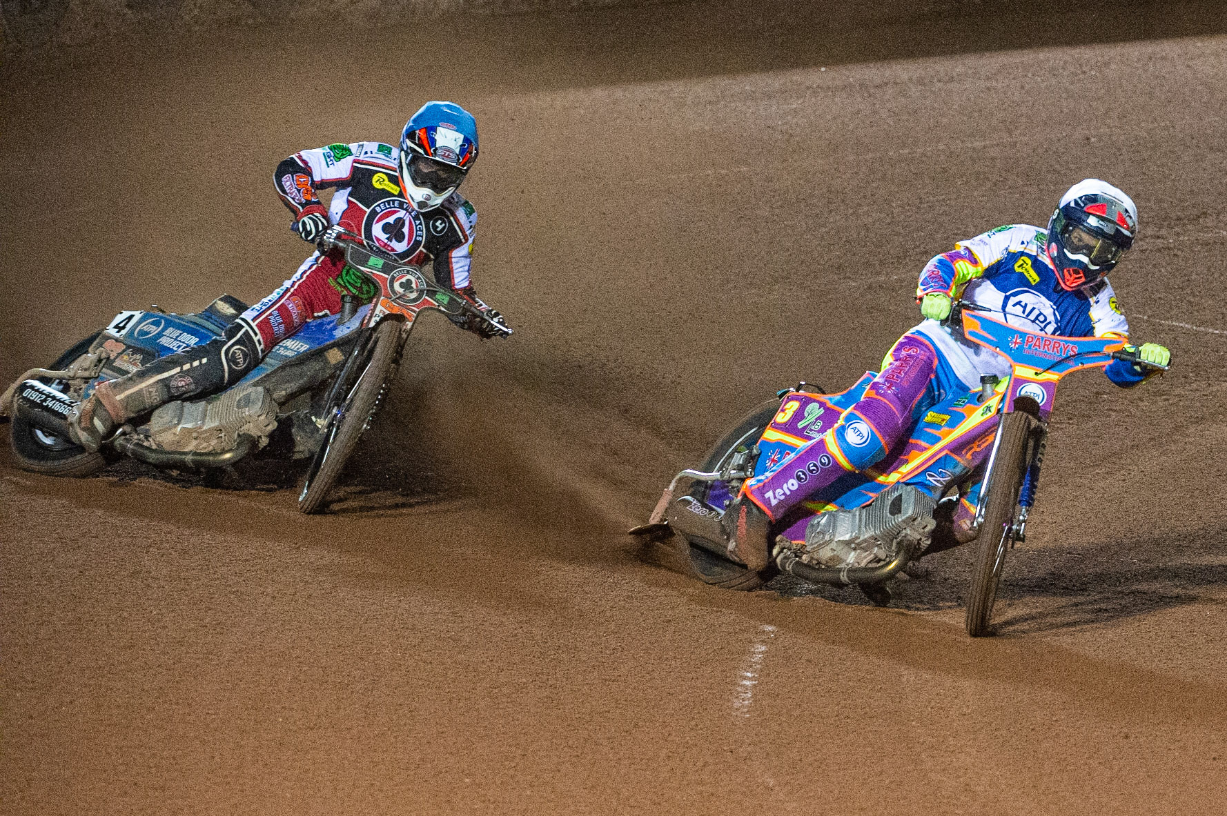Photo: Ian CharlesRory Schlein of the 'ATPI' All Stars (White) inside Steve Worrall of Belle Vue 'BikeRight' Aces  (Blue)Belle Vue ‘Bikerite ’Aces v ‘ATPI’ All Stars, Premiership Challenge, National Speedway Stadium, Manchester Thursday  24  September  2020