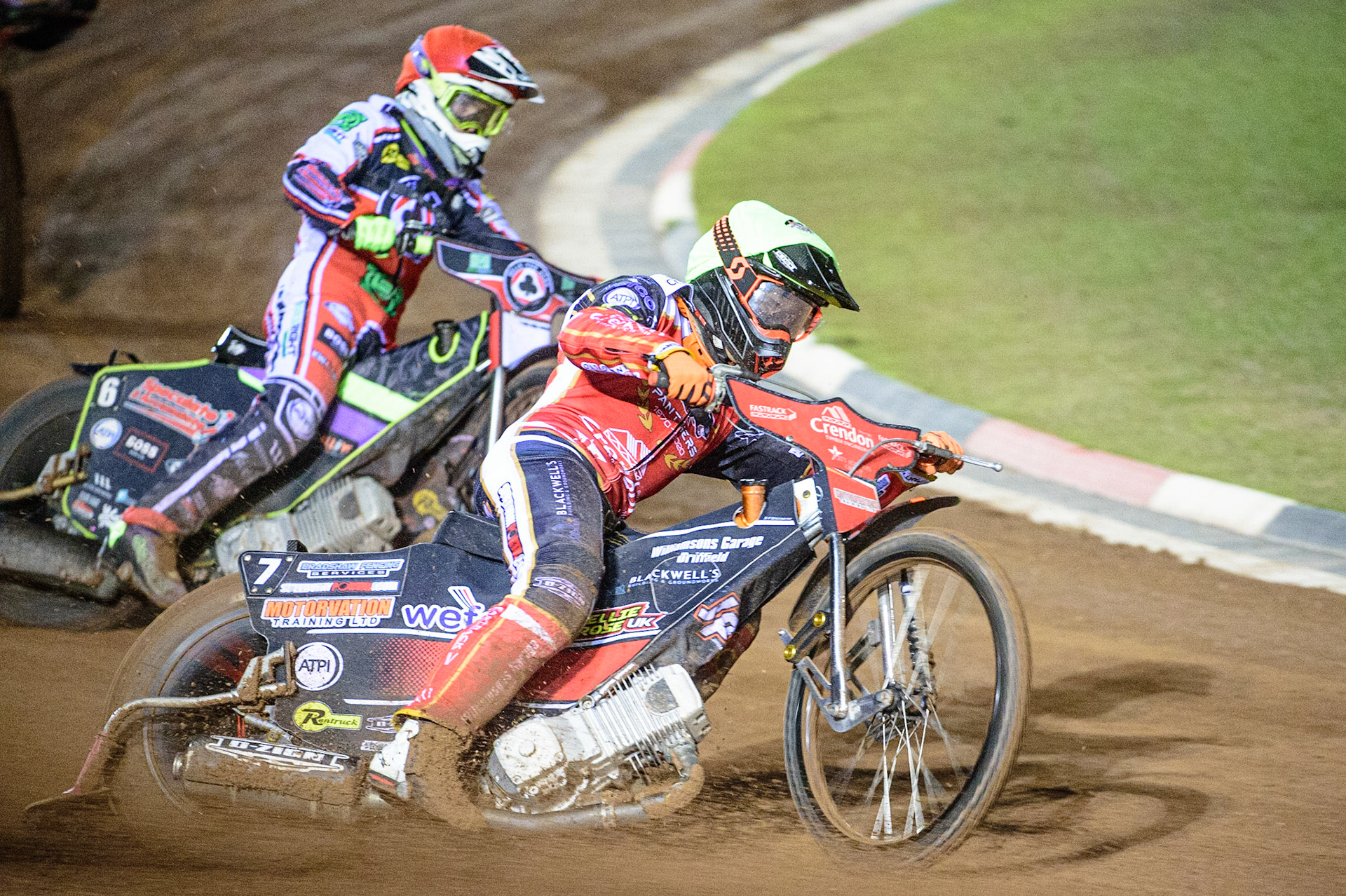 MANCHESTER, UK. OCT 11TH  Jordan Palin  (Yellow) leads Tom Brennan  (Red) during the SGB Premiership Grand Final 1st Leg between Belle Vue Aces and Peterborough Panthers at the National Speedway Stadium, Manchester on Monday 11th October 2021. (Credit: Ian Charles | MI News)