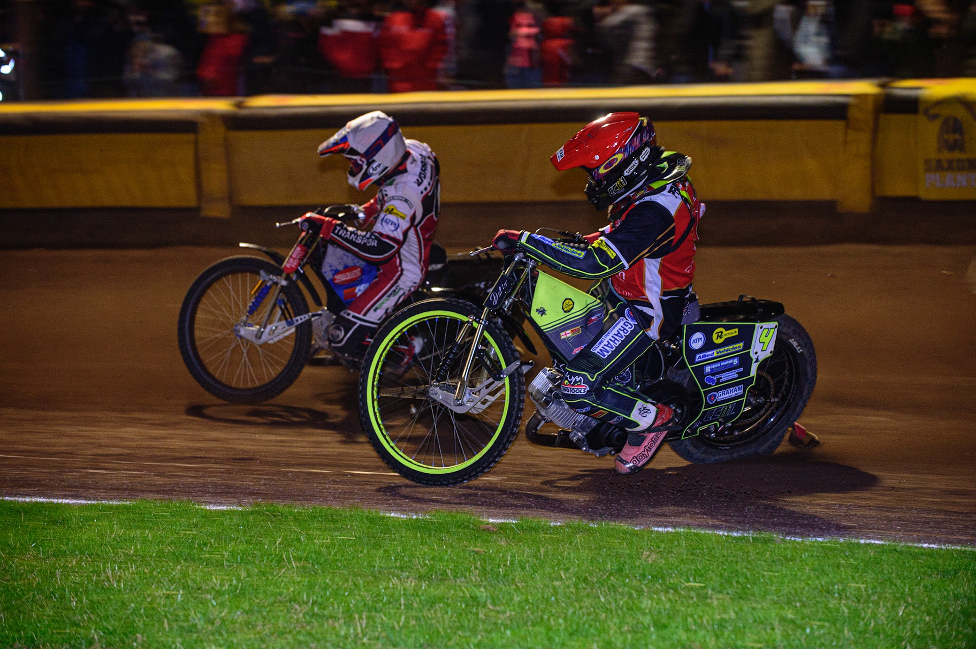 PETERBOROUGH, UK. OCT 14TH Steve Worrall   (White) passes Craig Cook (Red) during the SGB Premiership Grand Final 2nd leg between Peterborough and Belle Vue Aces at East of England Showground, Peterborough on Thursday 14th October 2021. (Credit: Ian Charles | MI News)