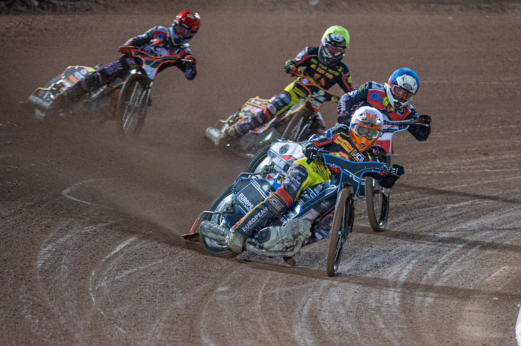 Photo: Ian Charles

Leicester Cubs  Ellis Perks  (White) leads Danny Phillips (Blue), Joe Thomson  (Yellow) and Jordan Palin  (Red)

Belle Vue Colts v Leicester Lion Cubs, SGB National League KO Cup Final (2nd Leg), Belle Vue National Speedway Stadium, Manchester, Tuesday 29  October  2019