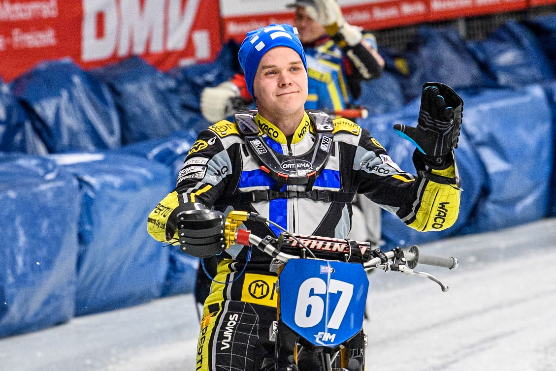 Finland's Heikki Huusko (67) during the FIM Ice Speedway Gladiators World Championship Final 1 at the Max-Aicher-Arena, Inzell on Saturday 23 March 2024. (Photo: Ian Charles | MI News)