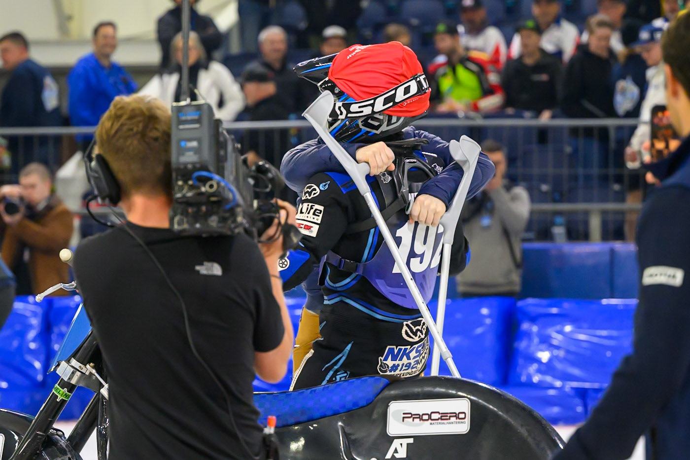 Niclas Svensson (192) of Sweden  is congratulated by Martin Haarahiltunen on winning the World Championship during the FIM Ice Speedway Gladiators World Championship Final 3 at Ice Rink Thialf, Heerenveen on Saturday 11th April 2026. (Photo: Ian Charles | MI News)