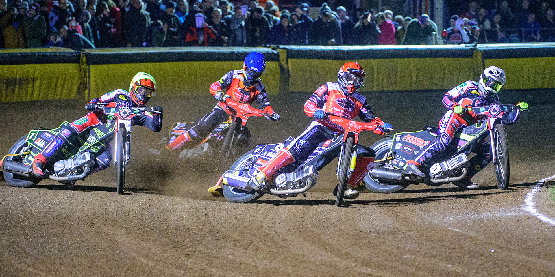 PETERBOROUGH, UK. OCT 14TH Bjarne Pedersen  (Red) leads Tom Brennan  (White), Jye Etheridge  (Yellow) and Jordan Palin  (Blue) during the SGB Premiership Grand Final 2nd leg between Peterborough and Belle Vue Aces at East of England Showground, Peterborough on Thursday 14th October 2021. (Credit: Ian Charles | MI News)