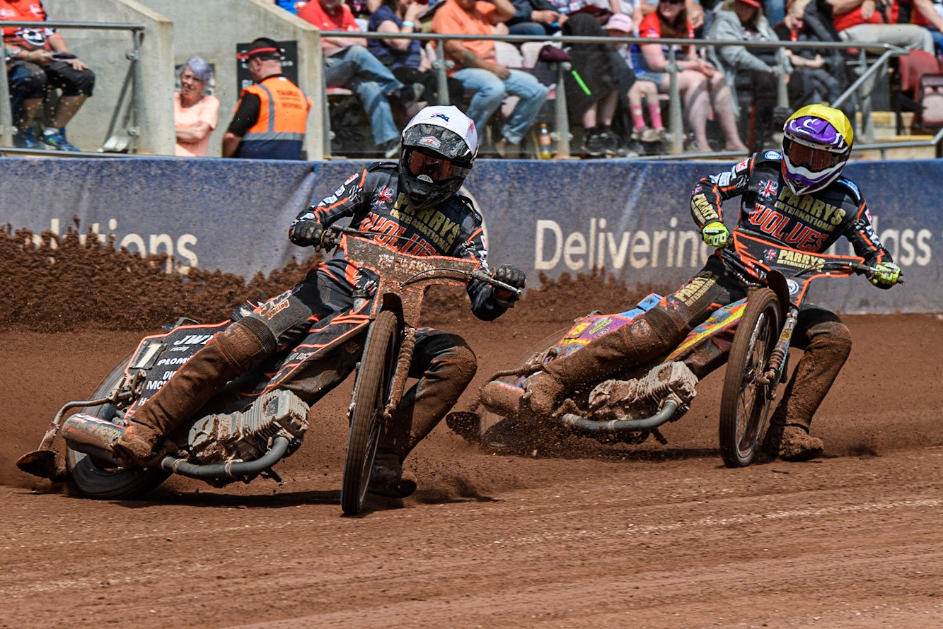 Sam Masters (White) leads team mate Rory Schlein (Yellow) during the Sports Insure Premiership match between Belle Vue Aces and Wolverhampton Wolves at the National Speedway Stadium, Manchester on Monday 29th May 2023. (Photo: Ian Charles | MI News)
