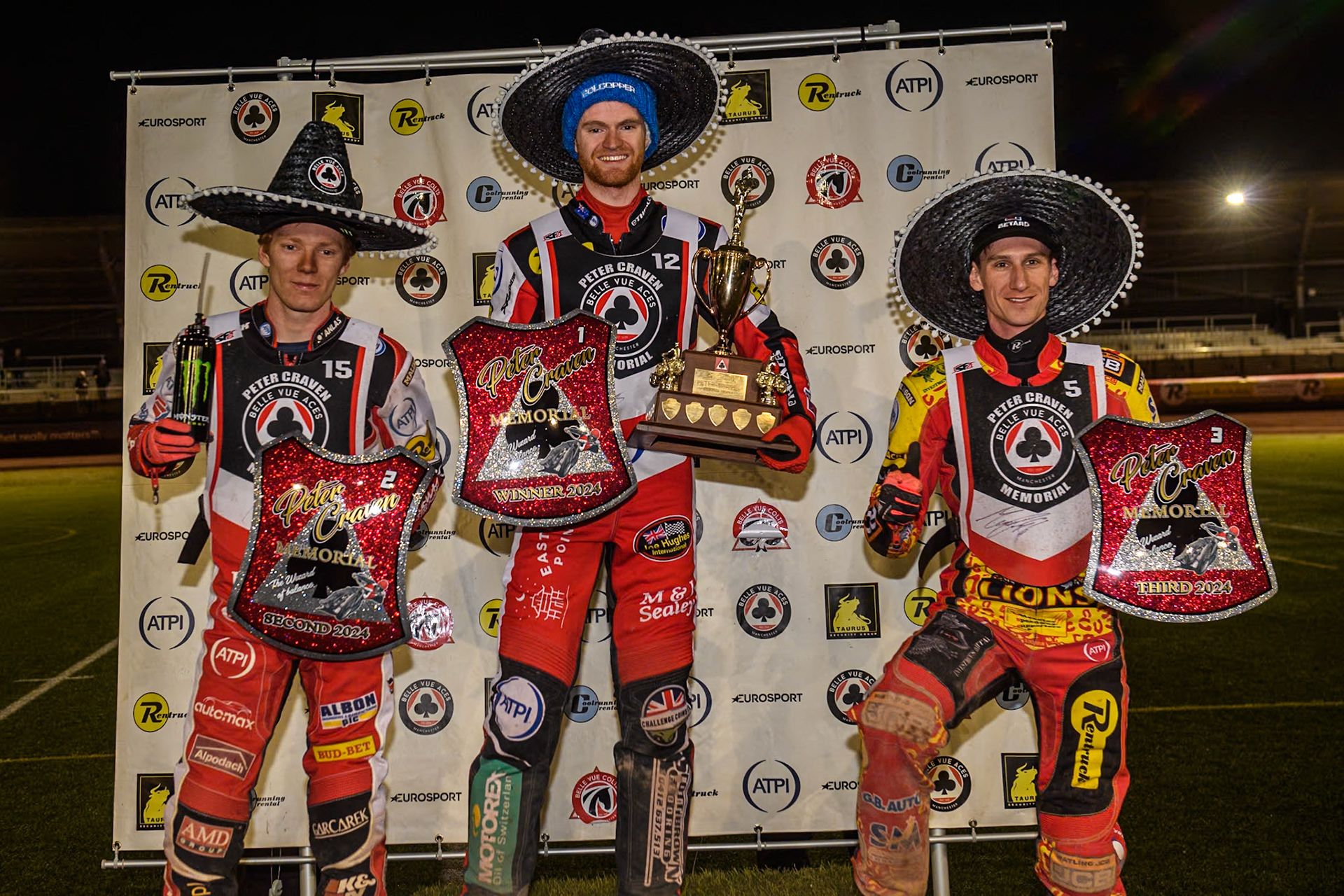 Top 3: (L to R) England's Dan Bewley (2nd), Australia's Brady Kurtz (1st), Australia's Max Fricke (3rd) during the Peter Craven Memorial Trophy meeting at the National Speedway Stadium, Manchester on Monday 18th March 2024. (Photo: Ian Charles | MI News)