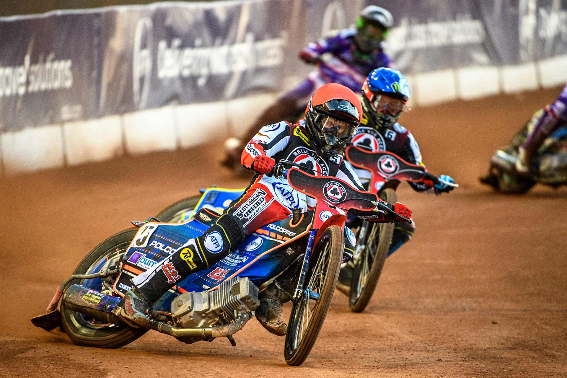 Brady Kurtz  (Red) and Jaimon Lidsey  (Blue) lead Benjamin Basso  to score maximum points during the SGB Premiership match between Belle Vue Aces and Peterborough at the National Speedway Stadium, Manchester on Monday 24th April 2023. (Photo: Ian Charles | MI News)