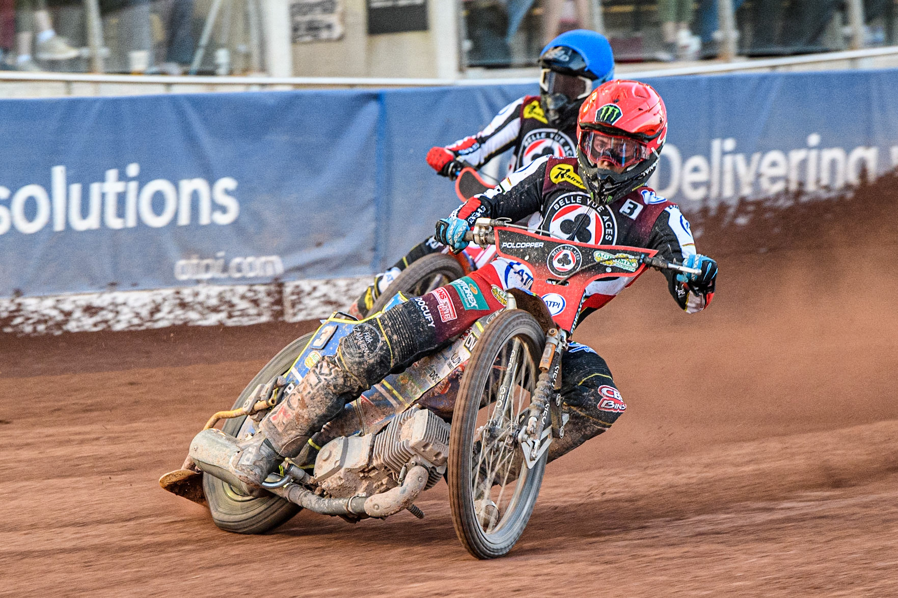Brady Kurtz (Blue) and Jaimon Lidsey (Red) go for maximum points during the Sports Insure Premiership match between Belle Vue Aces and Ipswich Witches at the National Speedway Stadium, Manchester on Monday 5th June 2023. (Photo: Ian Charles | MI News)