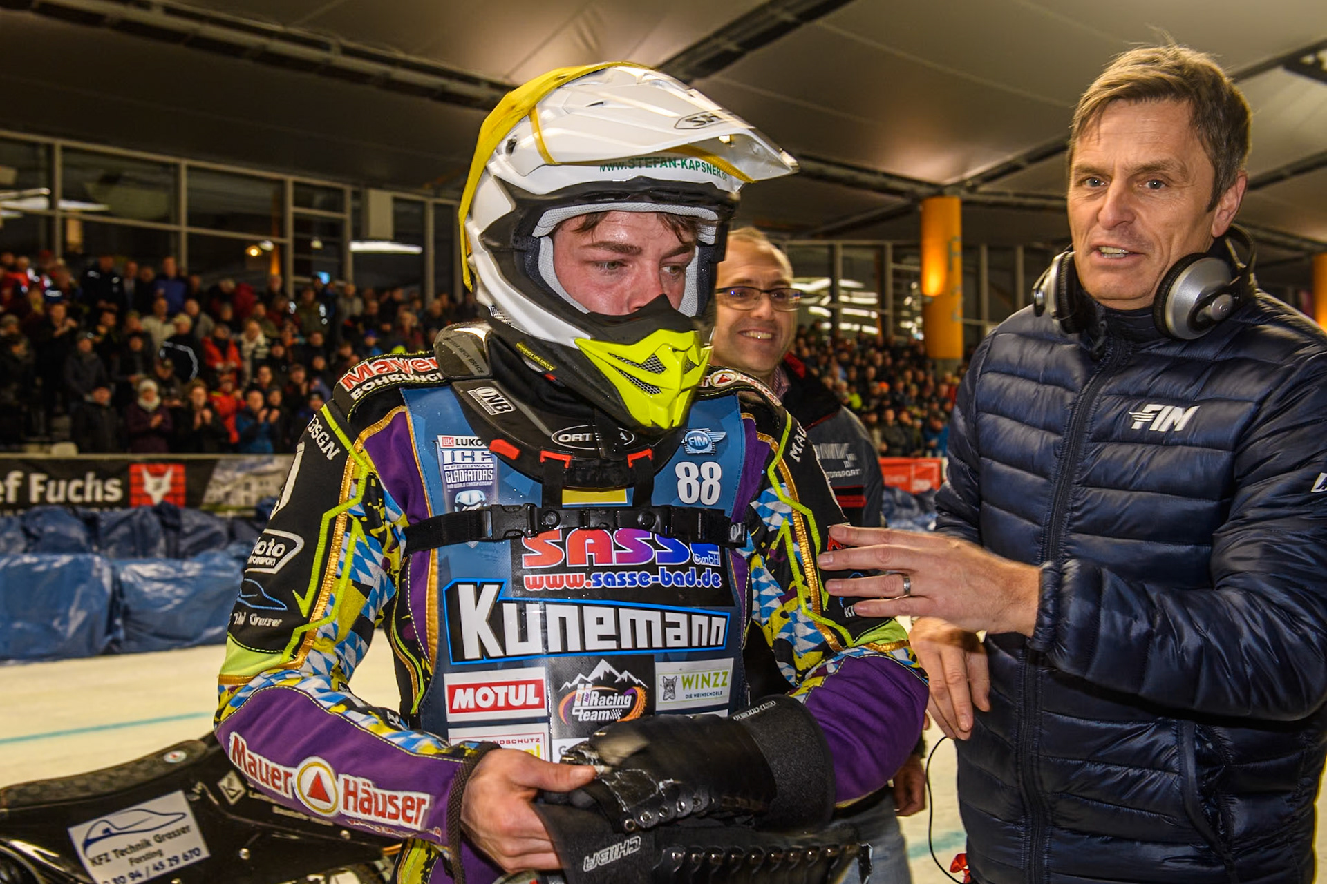 Germany's Max Niedermaier (88) after the final during the FIM Ice Speedway Gladiators World Championship Final 1 at the Max-Aicher-Arena, Inzell on Saturday 23 March 2024. (Photo: Ian Charles | MI News)