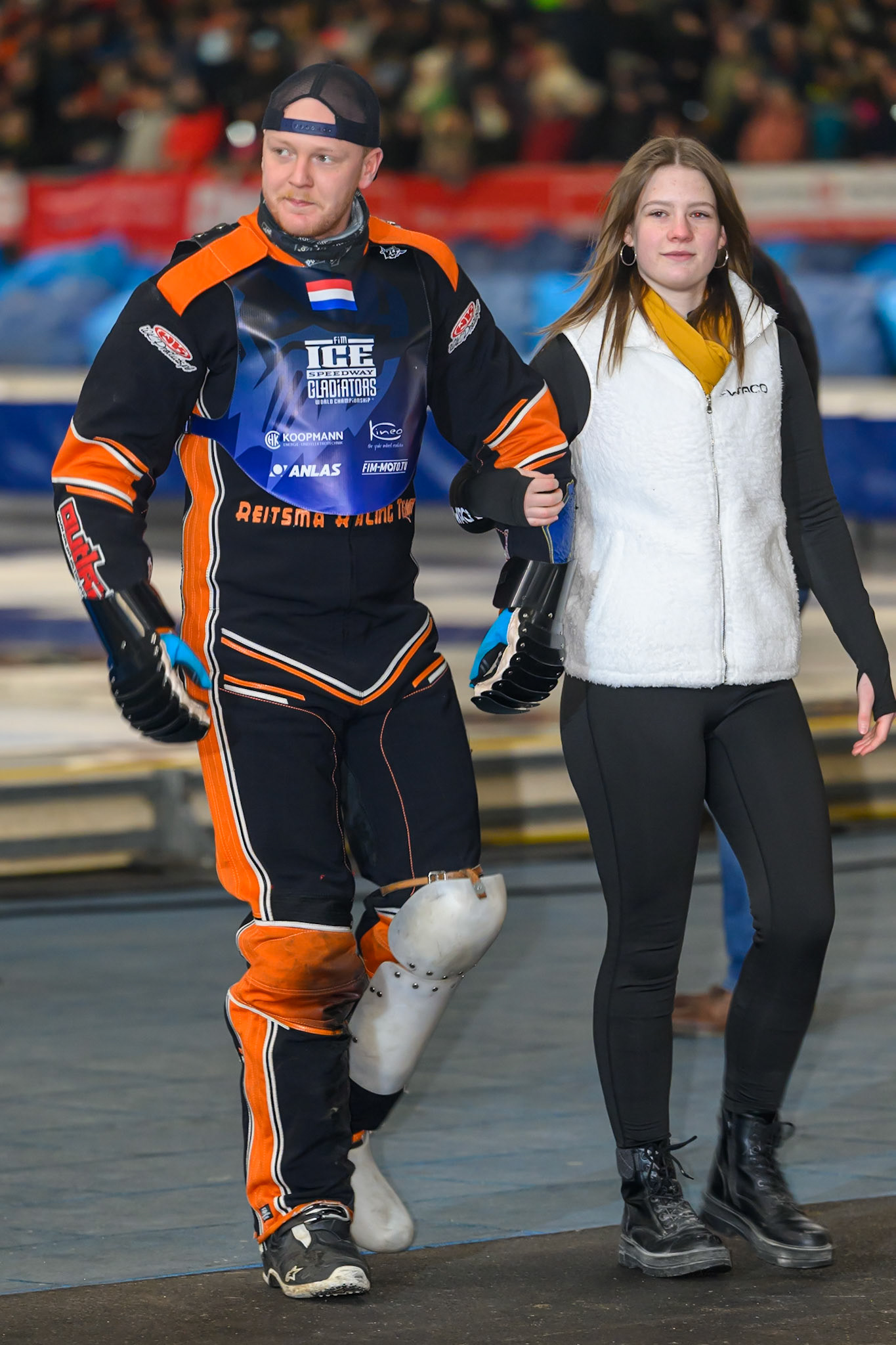 Sebastian Reitsma (125) of The Netherlands is accompanied by a start girl  during the Ice Speedway Gladiators World Championship Final 2 at Max-Aicher-Arena, Inzell on Sunday 15th March 2026. (Photo: Ian Charles | MI News)