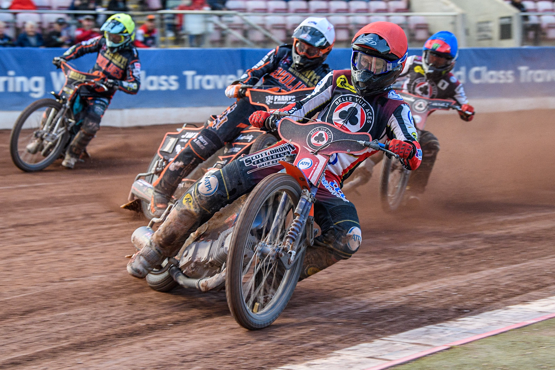 Brady Kurtz(Red) leads Sam Masterss (White) Ryan Douglas (Yellow) and Dan Bewley (Blue) during the Sports Insure Premiership match between Belle Vue Aces and Wolverhampton Wolves at the National Speedway Stadium, Manchester on Monday 3rd July 2023. (Photo: Ian Charles | MI News)