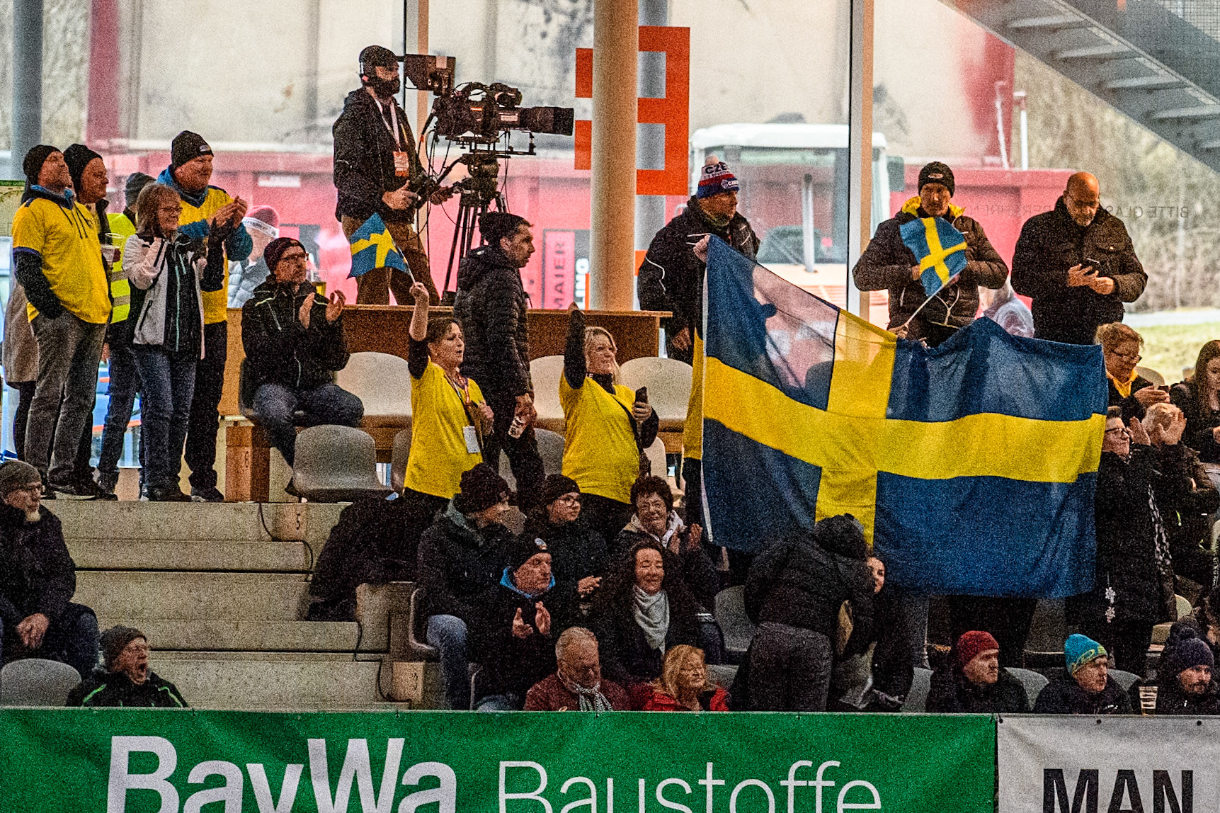 Swedish fans in the crowd during the Ice Speedway Gladiators World Championship Final 1 at Max-Aicher-Arena, Inzell on Saturday 15th March 2025. (Photo: Ian Charles | MI News)