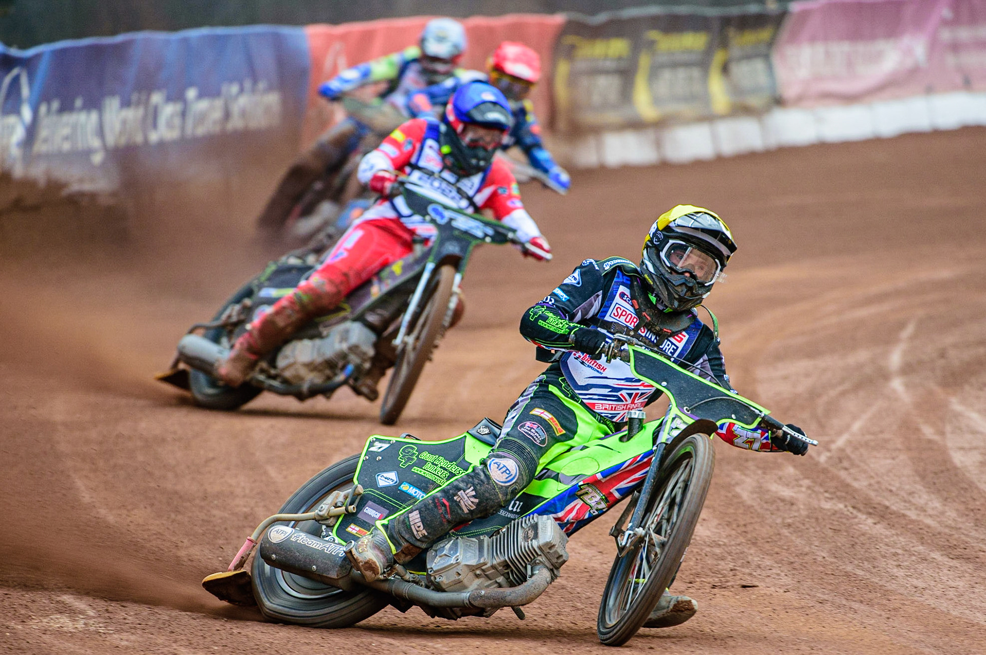Tom Brennan  (Yellow) leads Craig Cook  (Blue) Steve Worrall  (Red) and Richie Worrall  (White) during the Sports Insure British Speedway Final, at the National Speedway Stadium, Manchester, on Sunday 18th September 2022. (Credit: Ian Charles | MI News )