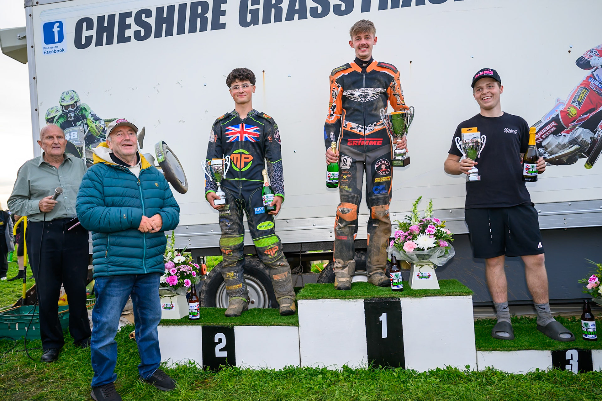 British Masters Under 23 championship (based on their positions after the heats): (L to R) Peter Collins, Honorary President of Cheshire Grass Track Club, \bn5\ (2nd), Mickie Simpson (87)  (Winner) and Ashton Vale (152) (3rd) during the British Masters Grasstrack Championship at Lower Marsh Farm, Much Hoole, Preston in Lancashire, England on Sunday 13th September 2026. (Photo: Ian Charles | MI News)