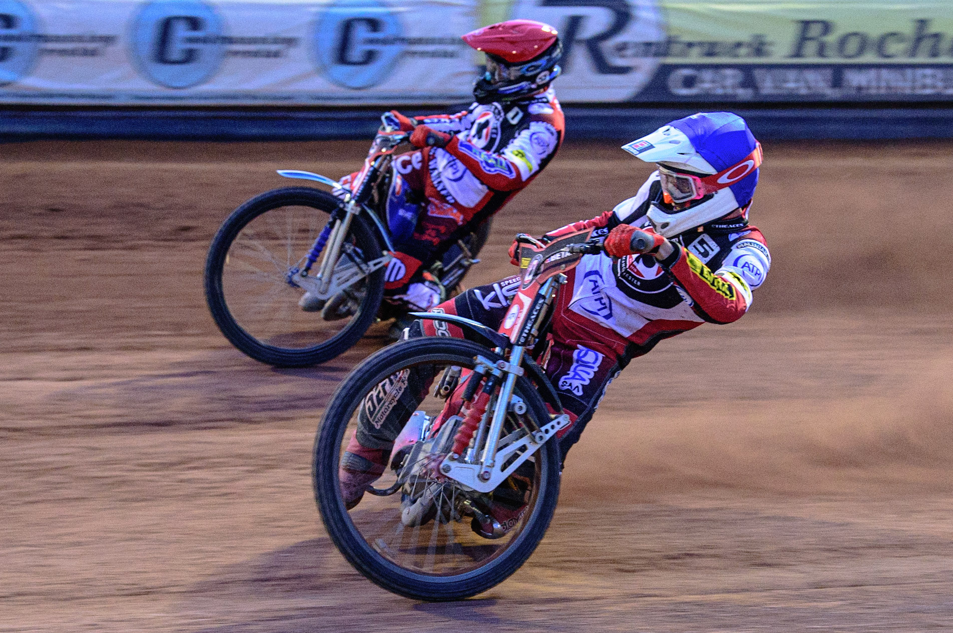 MANCHESTER UK  Max Fricke  (Blue) inside team mate Matej Zagar  (Red) during the SGB Premiership match between Belle Vue Aces and King's Lynn Stars at the National Speedway Stadium, Manchester on Monday 11th July 2022. (Credit: Ian Charles | MI News)