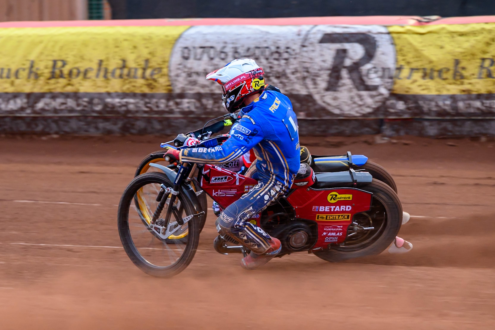 Max Fricke of Kings Lynn Stars in White rides inside Jason Doyle of Belle Vue Aces in Blue  during the Rowe Motor Oil Premiership match between Belle Vue Aces and King's Lynn Stars at the National Speedway Stadium, Manchester on Monday 29th June 2026. (Photo: Ian Charles | MI News)