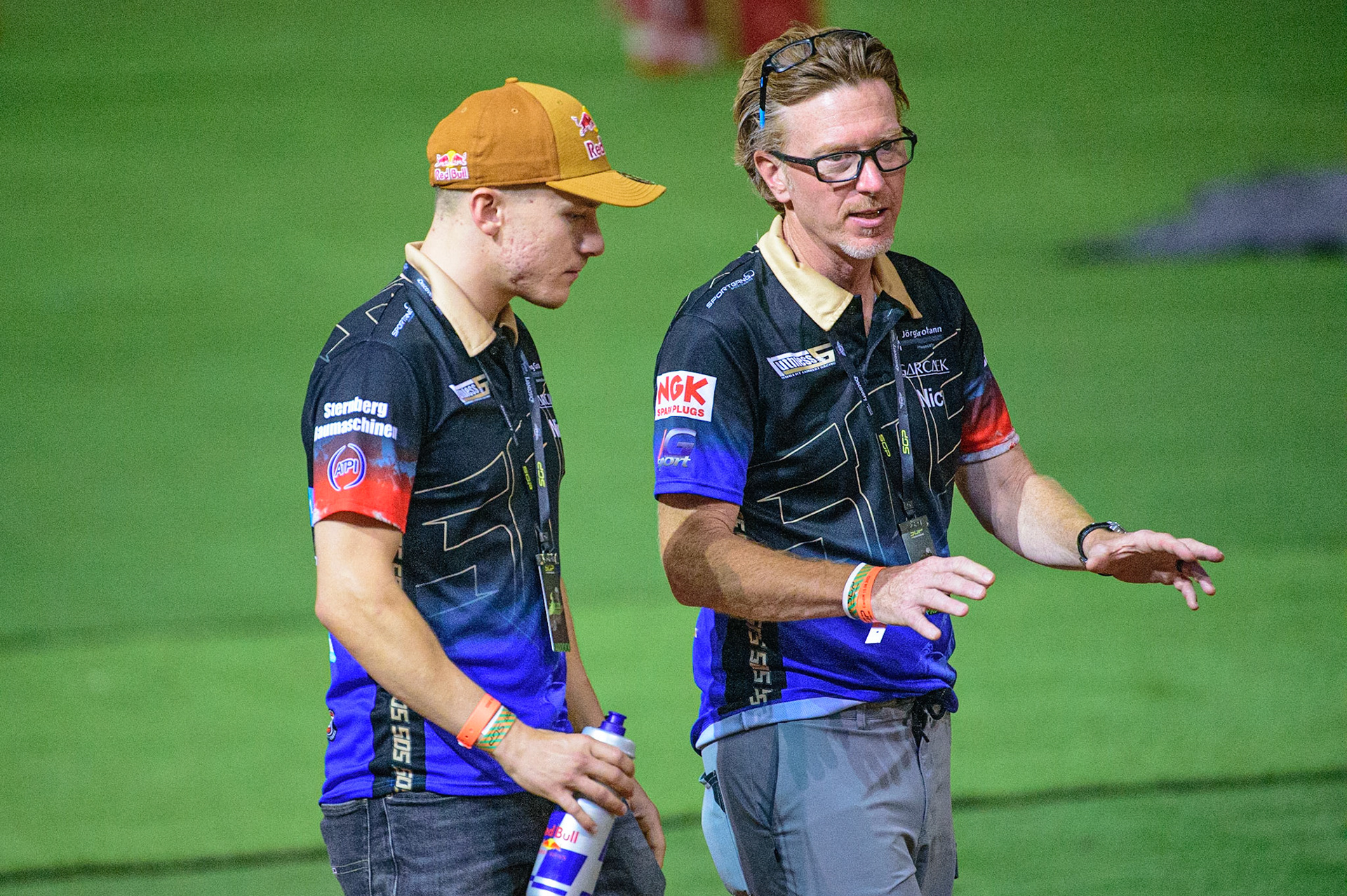 Robert Lambert (505) (left) with Jason Crump on the pre meeting Track walk during the FIM  Speedway Grand Prix of Great Britain at the Principality Stadium, Cardiff on Saturday 13th August 2022. (Credit: Ian Charles | MI News