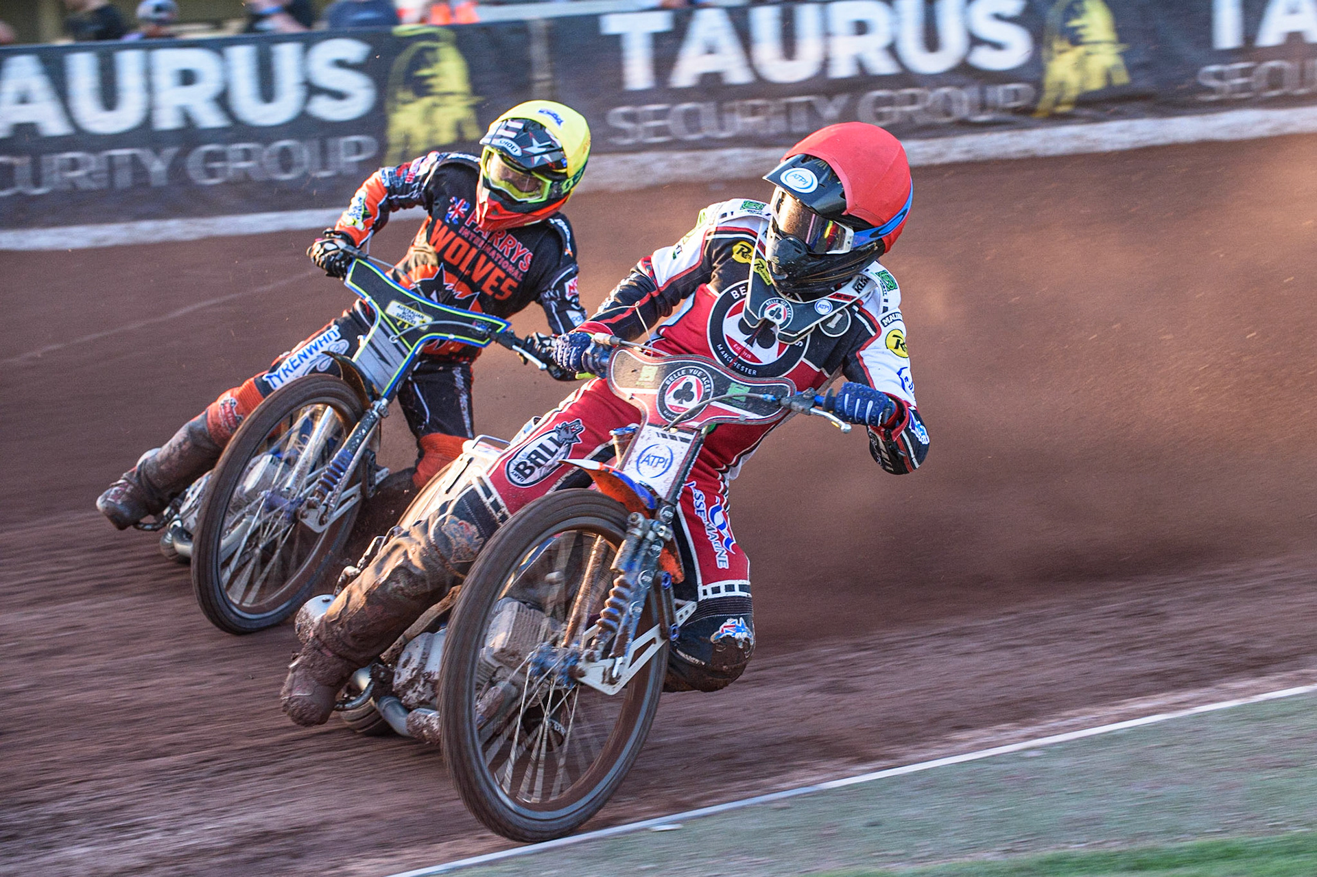 MANCHESTER, UK. JULY 15TH   Brady Kurtz  (Red) cuts past Ryan Douglas (Yellow) during the SGB Premiership match between Belle Vue Aces and Wolverhampton Wolves at the National Speedway Stadium, Manchester on Thursday 15th July 2021. (Credit: Ian Charles | MI News)