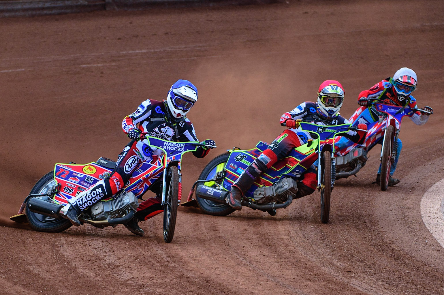 Jake Mulford  (Blue) and Nathan Ablitt  (Red) lead Jacob Fellows (White) during the National Development League match between Belle Vue Colts and Mildenhall Fens Tigers at the National Speedway Stadium, Manchester on Friday 15th July 2022. (Credit: Ian Charles | MI News)