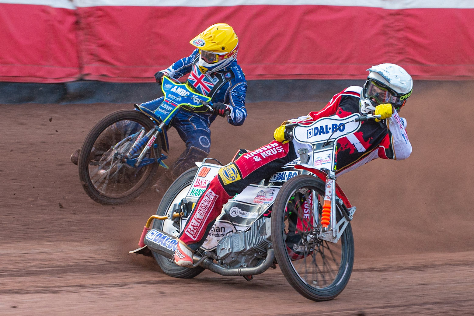 Photo by Ian Charles:

Niels-Kristian Iversen (White) inside Robert Lambert (Yellow)

FIM Speedway Grand Prix World Championship - Qualifying Round 1, Peugeot Ashfield Stadium, Glasgow, 8 June 2019