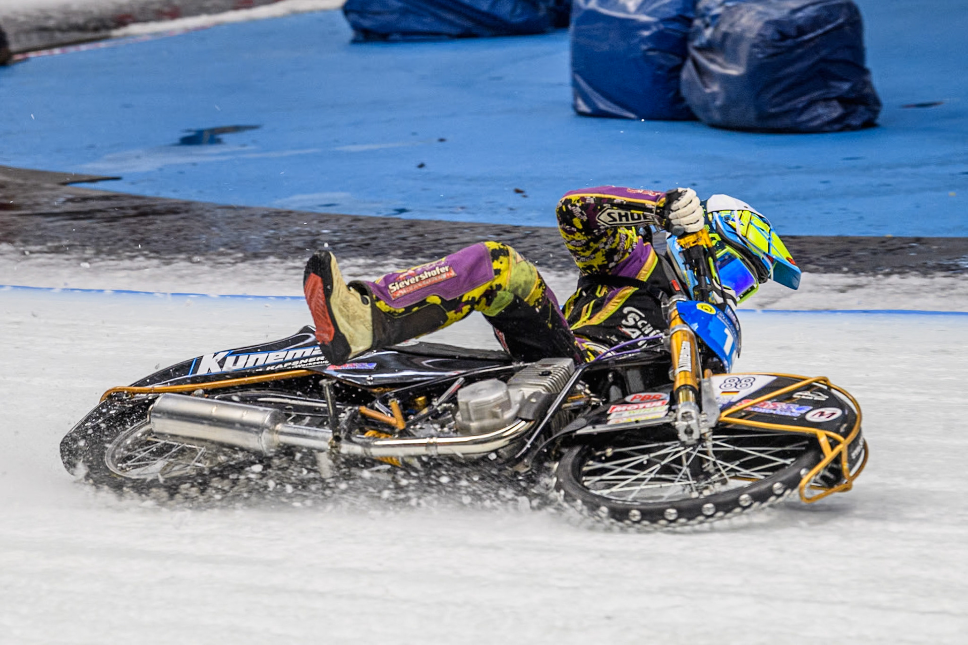 German Reserve Maximillian Neidermaier (19) slides off during the FIM Ice Speedway Gladiators World Championship Final 2 at the Max-Aicher-Arena, Inzell on Sunday 24 March 2024. (Photo: Ian Charles | MI News)