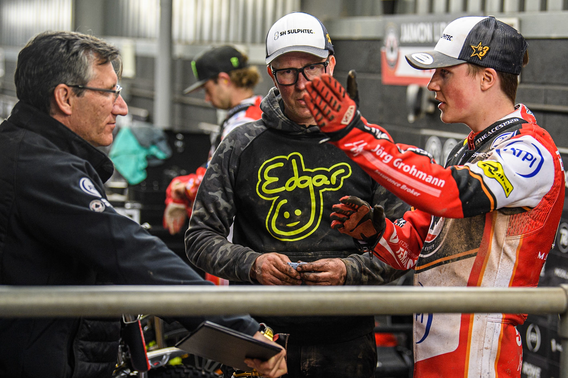 Mark Lemon, Team Manager of Belle Vue Aces (Left) chats with Norick Blödorn of Belle Vue Aces (Right) during the Rowe Motor Oil Premiership match between Belle Vue Aces and King's Lynn Stars at the National Speedway Stadium, Manchester on Monday 5th April 2025. (Photo: Ian Charles | MI News)