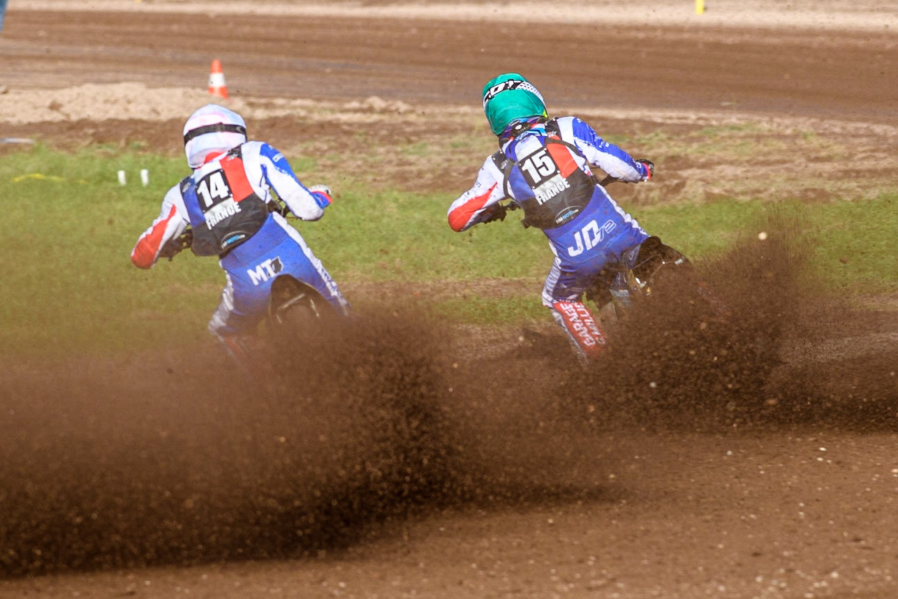 Jordan Dubernard (Green) leads  team mate Mathias Trésarrieu (White) during the FIM Long Track Of Nations event at the Speed Centre Roden on Sunday 24th September 2023. (Photo: Ian Charles | MI News)
