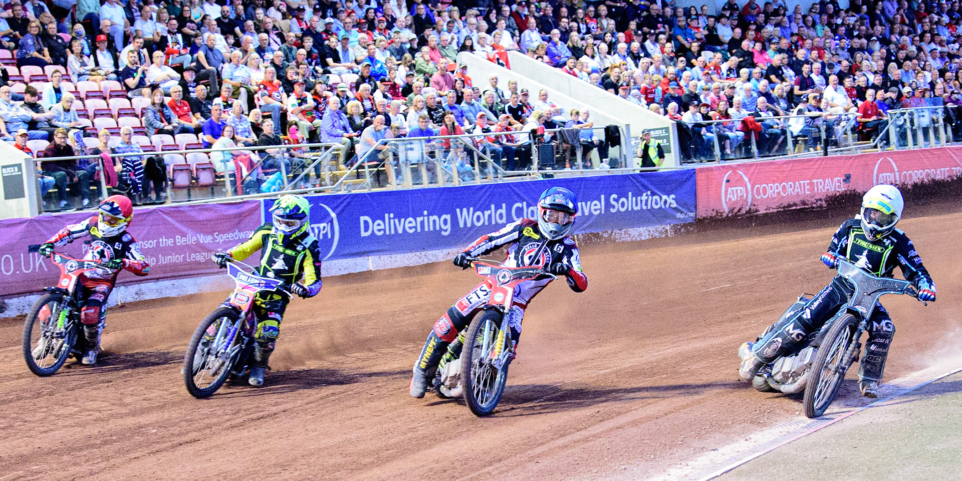 (l - r) Charles Wright  (Red), Aaron Summers  (Yellow), Jye Etheridge  (Blue) and Rohan Tungate (White) during the SGB Premiership match between Belle Vue Aces and Ipswich Witches at the National Speedway Stadium, Manchester on Monday 8th August 2022. (Credit: Ian Charles | MI News)