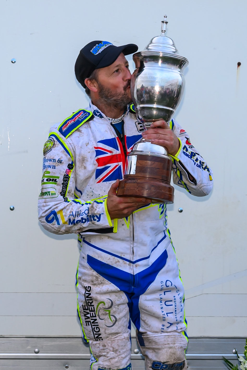 Chris Harris (37)  kisses the Masters Trophy during the British Masters Grasstrack Championship at Lower Marsh Farm, Much Hoole, Preston in Lancashire, England on Sunday 13th September 2026. (Photo: Ian Charles | MI News)